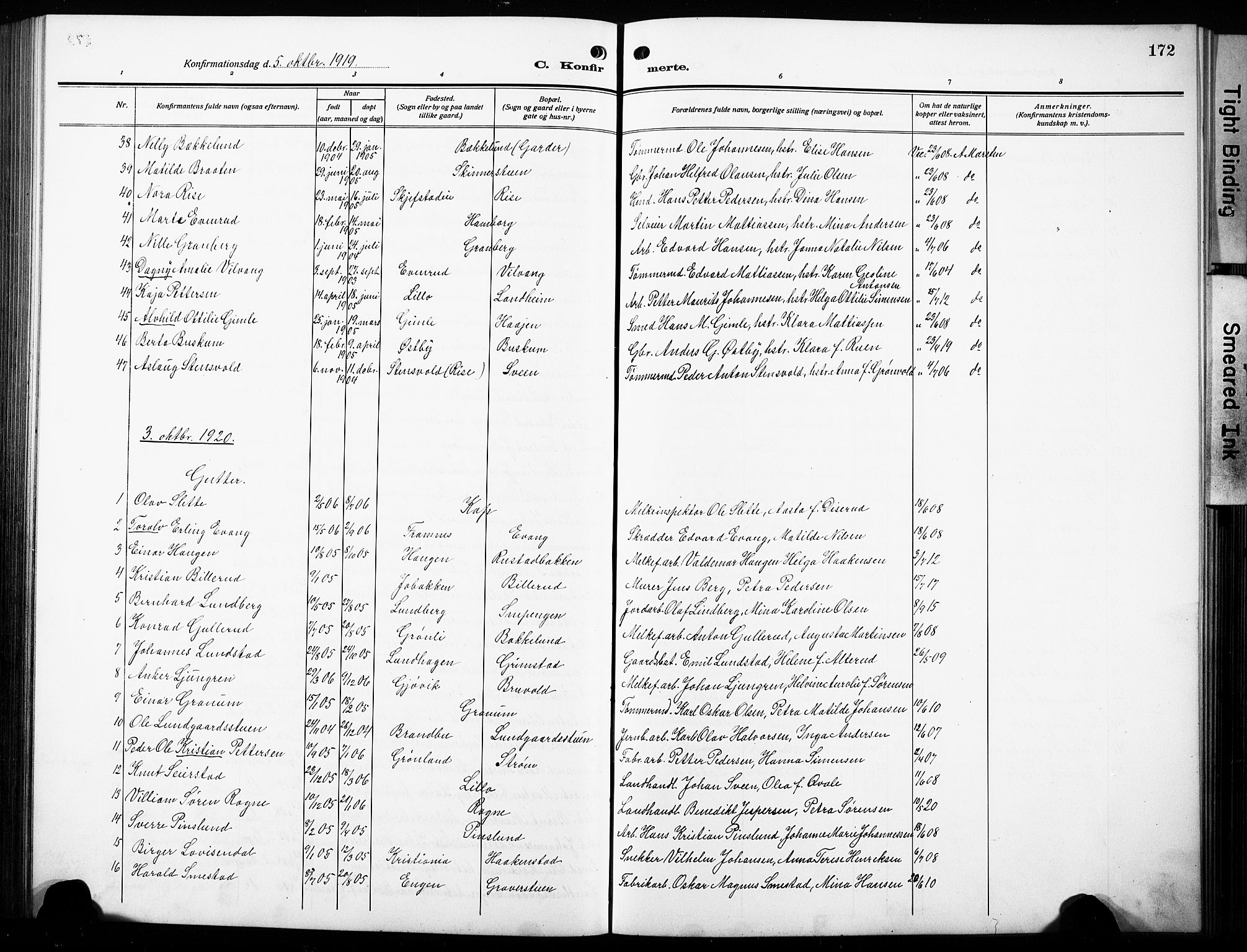 Østre Toten prestekontor, SAH/PREST-104/H/Ha/Hab/L0010: Parish register (copy) no. 10, 1912-1933, p. 172