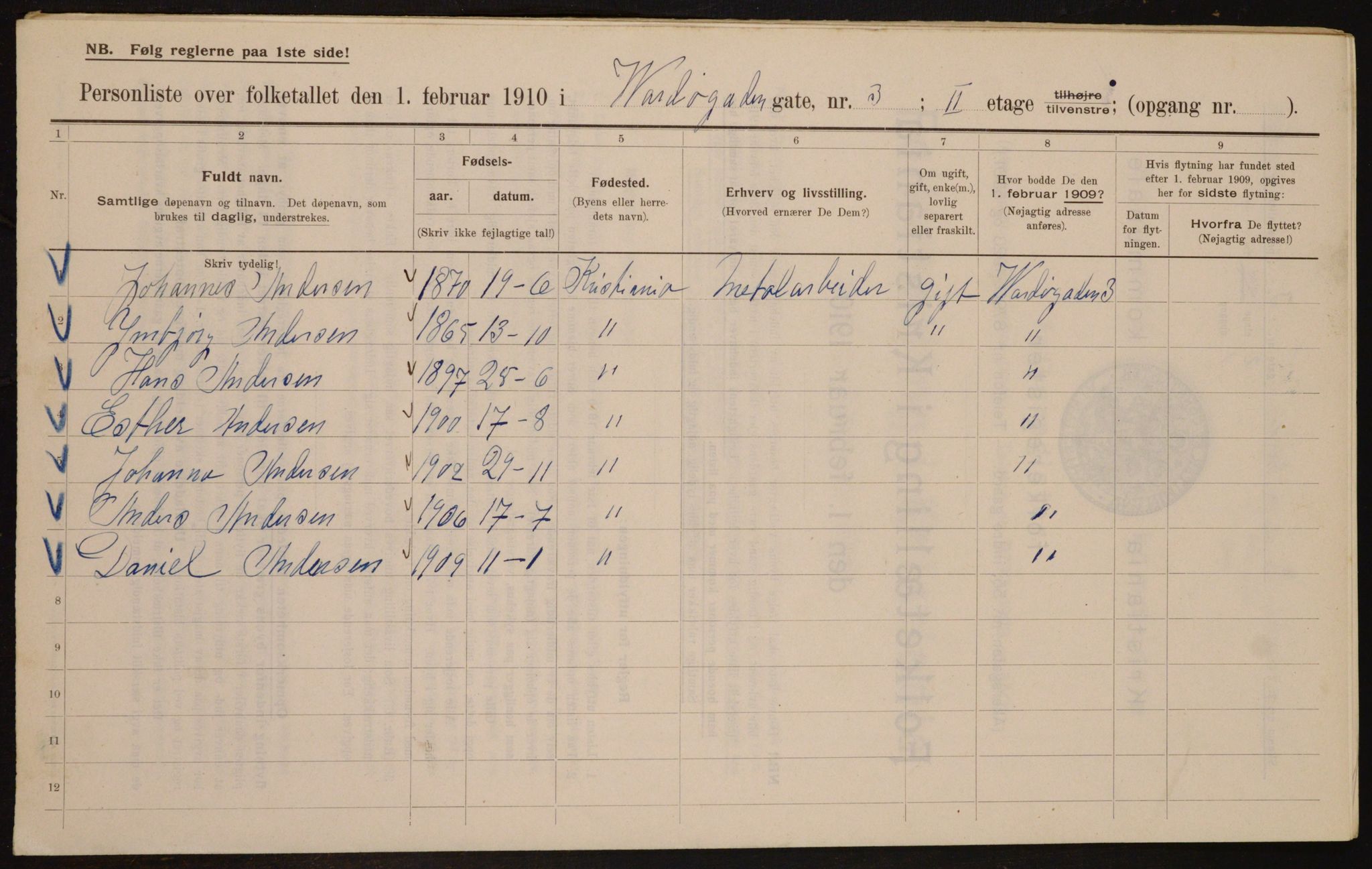 OBA, Municipal Census 1910 for Kristiania, 1910, p. 115503