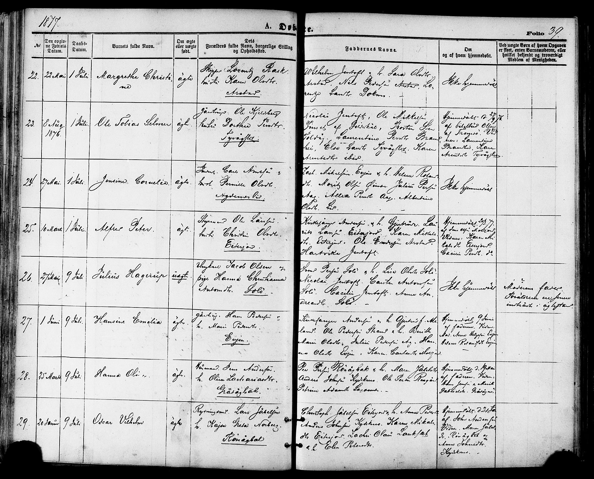Ministerialprotokoller, klokkerbøker og fødselsregistre - Nordland, SAT/A-1459/846/L0645: Parish register (official) no. 846A03, 1872-1886, p. 39