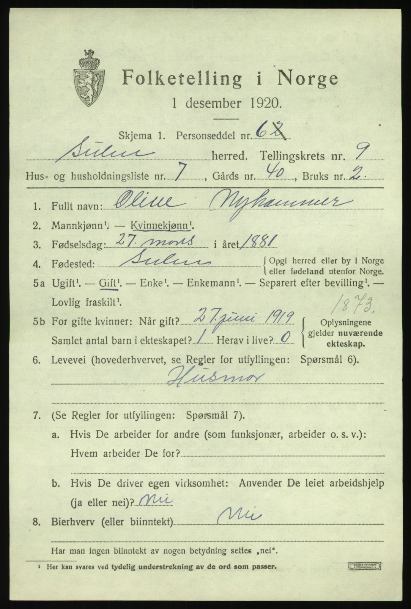 SAB, 1920 census for Solund, 1920, p. 3364