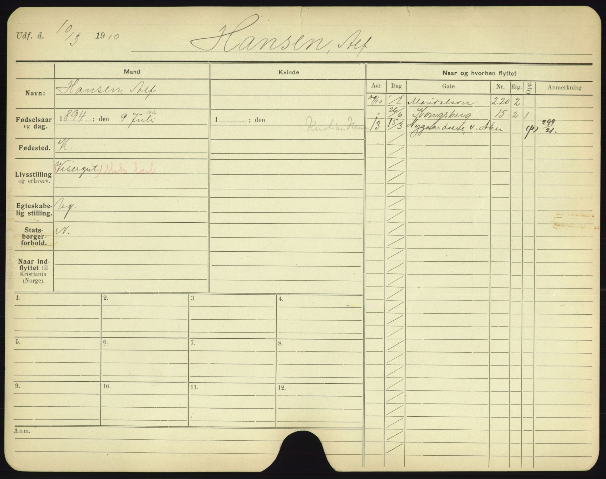 Oslo folkeregister, Registerkort, AV/SAO-A-11715/F/Fa/Fac/L0003: Menn, 1906-1914, p. 1207a