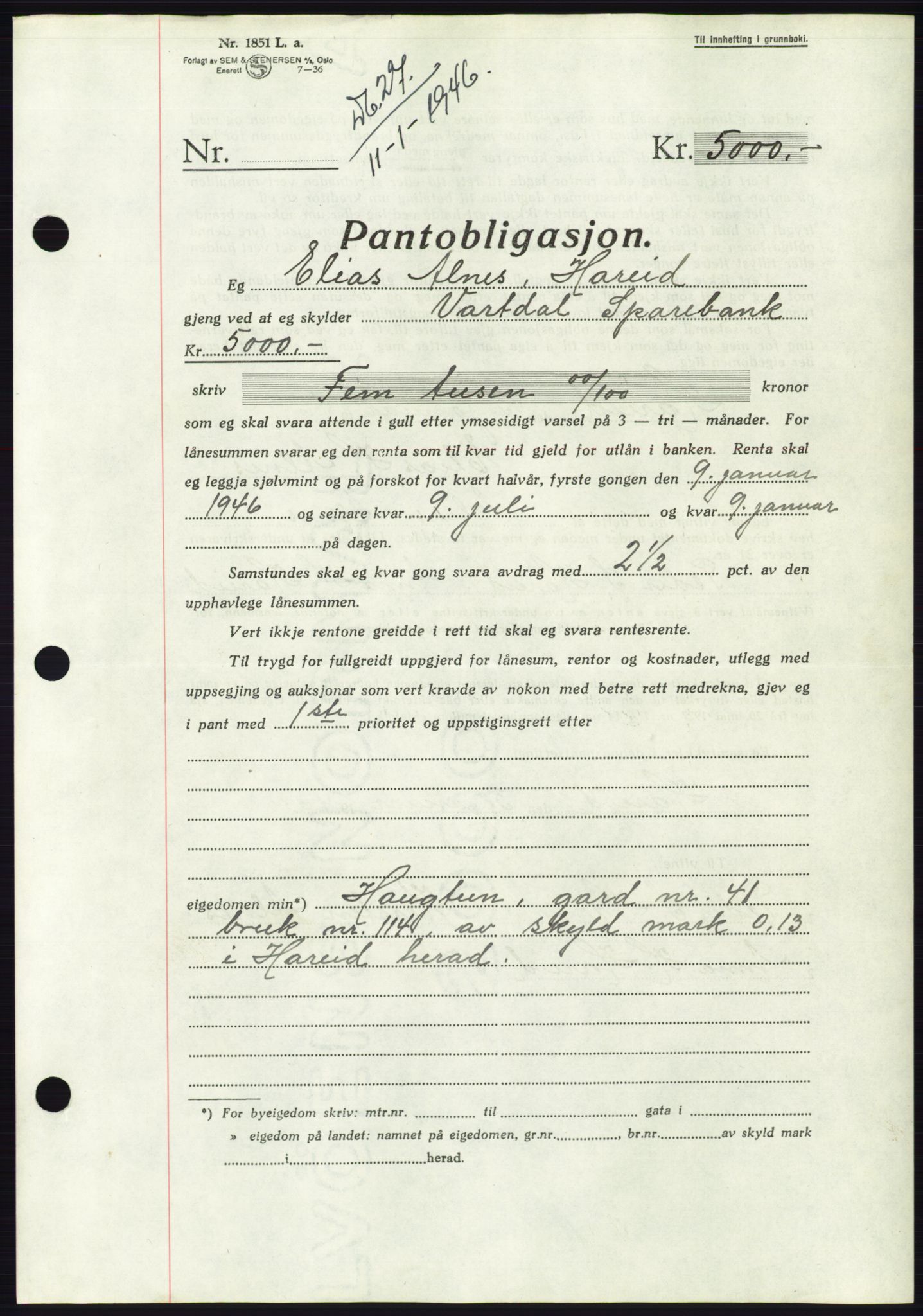 Søre Sunnmøre sorenskriveri, AV/SAT-A-4122/1/2/2C/L0114: Mortgage book no. 1-2B, 1943-1947, Diary no: : 27/1946