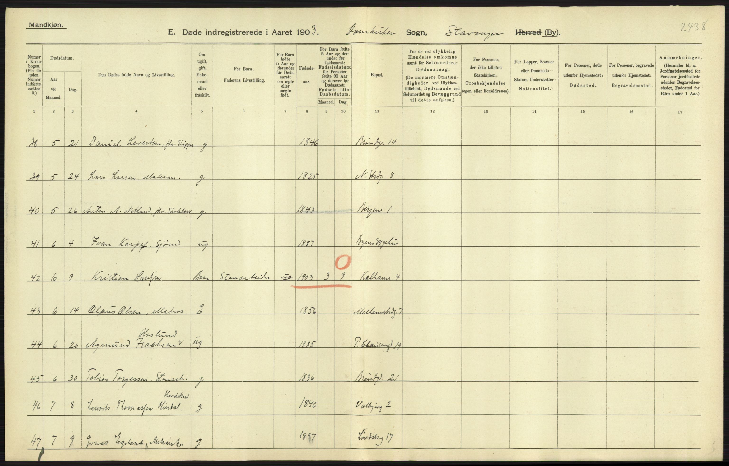 Statistisk sentralbyrå, Sosiodemografiske emner, Befolkning, AV/RA-S-2228/D/Df/Dfa/Dfaa/L0012: Stavanger amt: Fødte, gifte, døde, 1903, p. 839