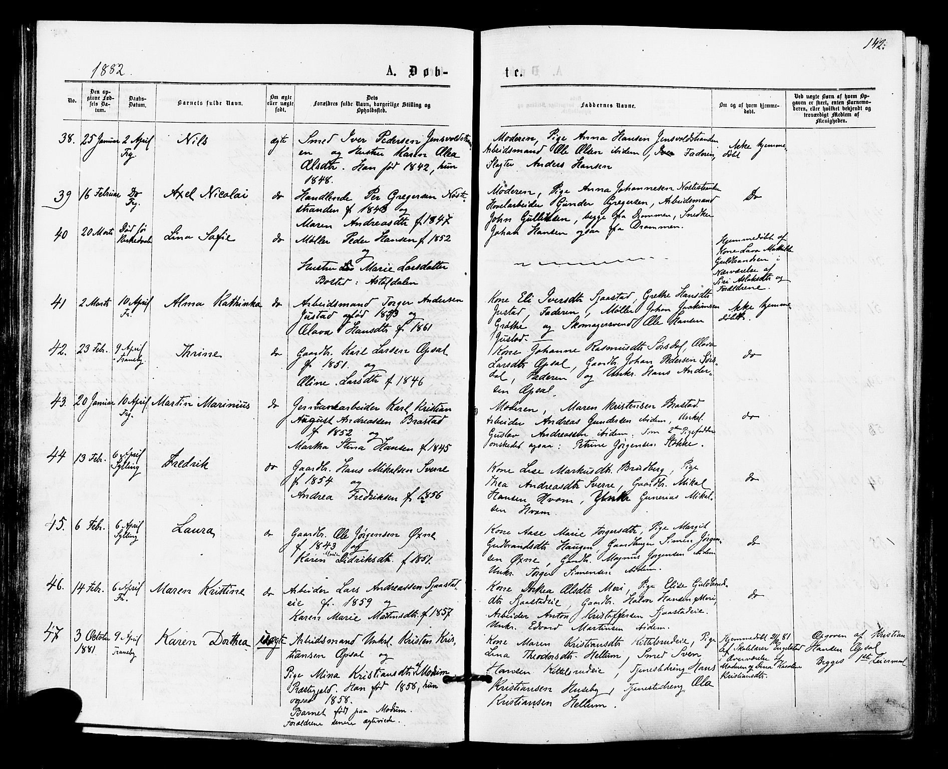 Lier kirkebøker, SAKO/A-230/F/Fa/L0014: Parish register (official) no. I 14, 1875-1882, p. 142