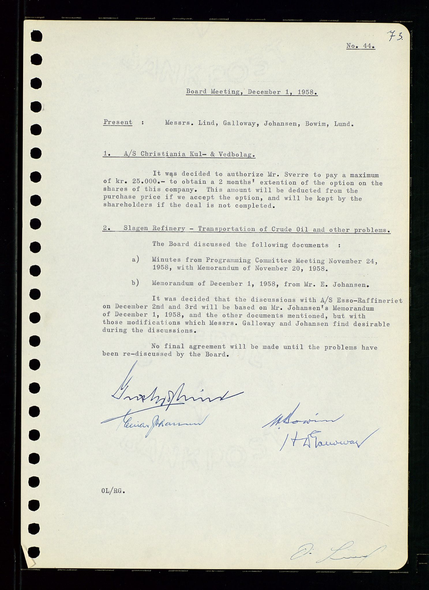 Pa 0982 - Esso Norge A/S, AV/SAST-A-100448/A/Aa/L0001/0001: Den administrerende direksjon Board minutes (styrereferater) / Den administrerende direksjon Board minutes (styrereferater), 1958-1959, p. 73