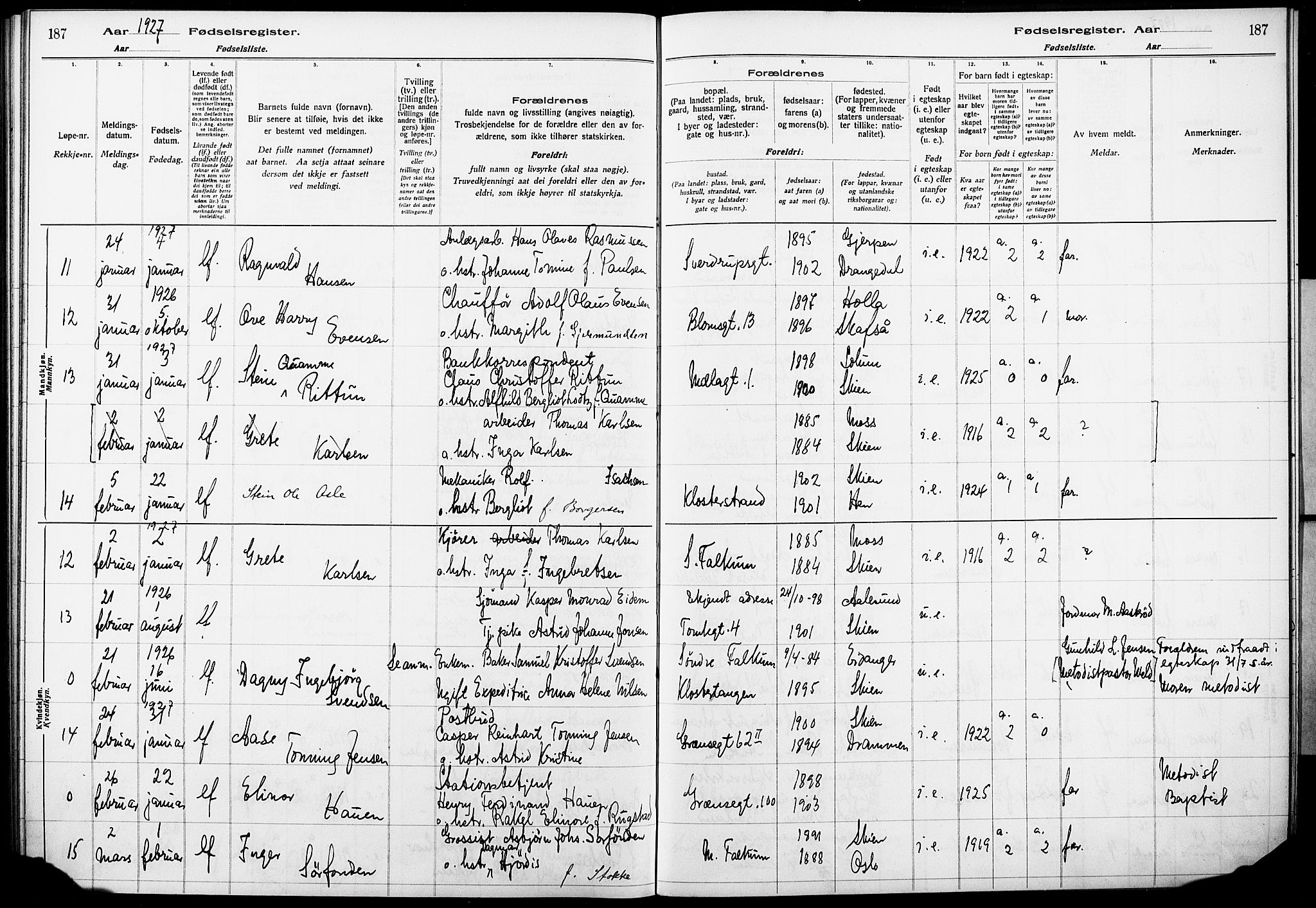 Skien kirkebøker, AV/SAKO-A-302/J/Ja/L0002: Birth register no. 2, 1921-1927, p. 187