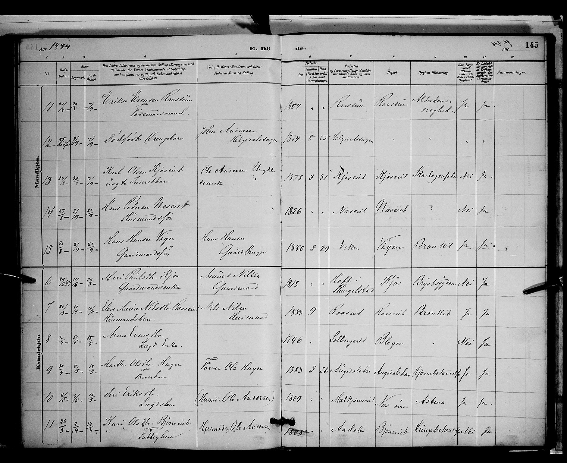Gran prestekontor, SAH/PREST-112/H/Ha/Hab/L0003: Parish register (copy) no. 3, 1882-1890, p. 145
