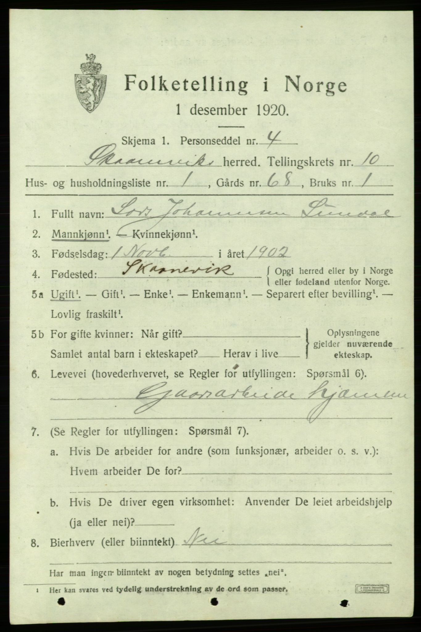 SAB, 1920 census for Skånevik, 1920, p. 5081