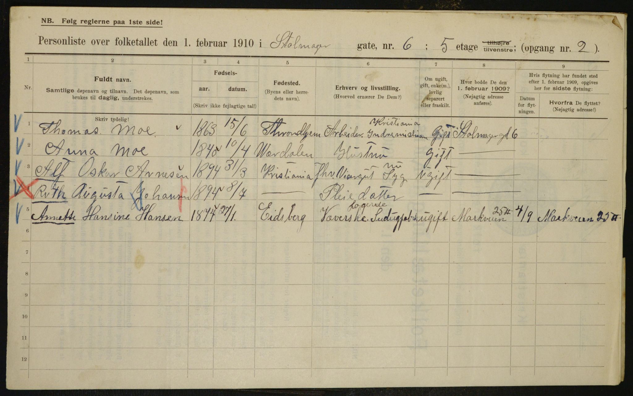 OBA, Municipal Census 1910 for Kristiania, 1910, p. 97512