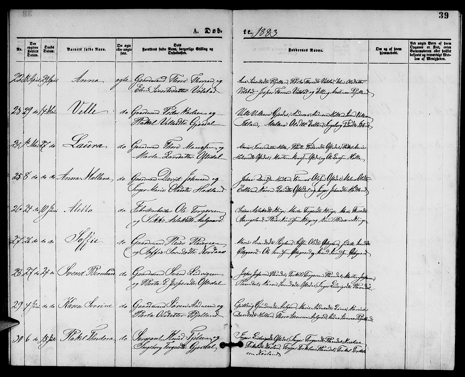 Lye sokneprestkontor, AV/SAST-A-101794/001/30BB/L0005: Parish register (copy) no. B 5, 1875-1886, p. 39