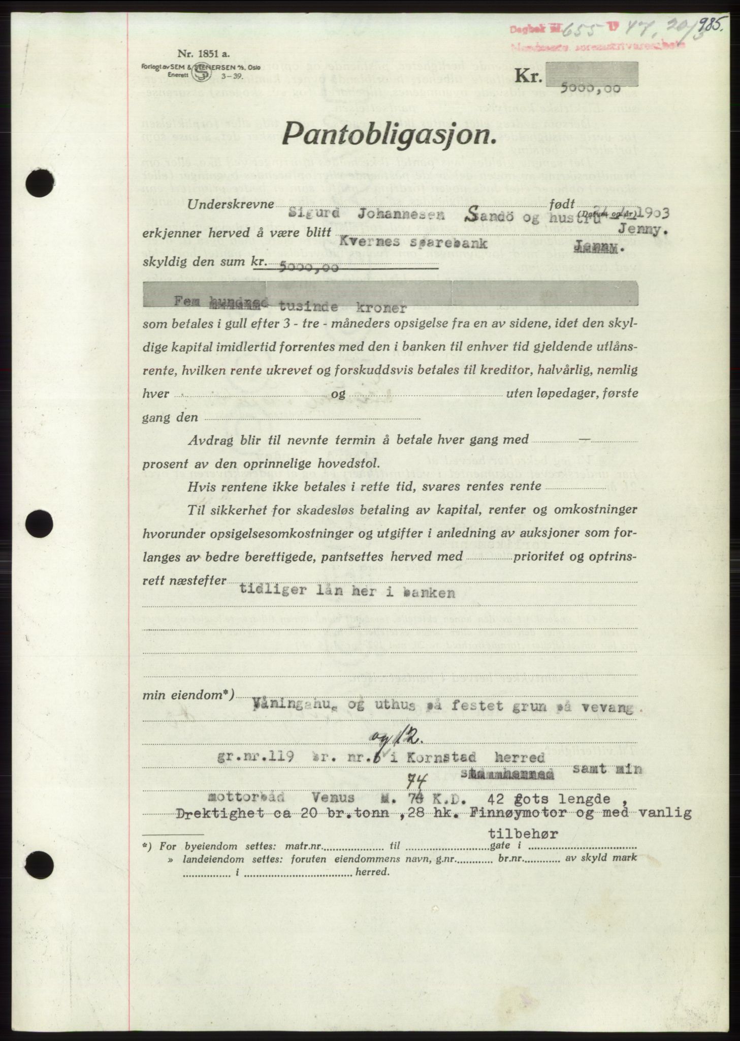 Nordmøre sorenskriveri, AV/SAT-A-4132/1/2/2Ca: Mortgage book no. B95, 1946-1947, Diary no: : 655/1947