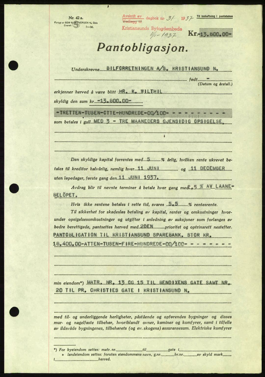 Kristiansund byfogd, AV/SAT-A-4587/A/27: Mortgage book no. 29, 1936-1937, Diary no: : 31/1937