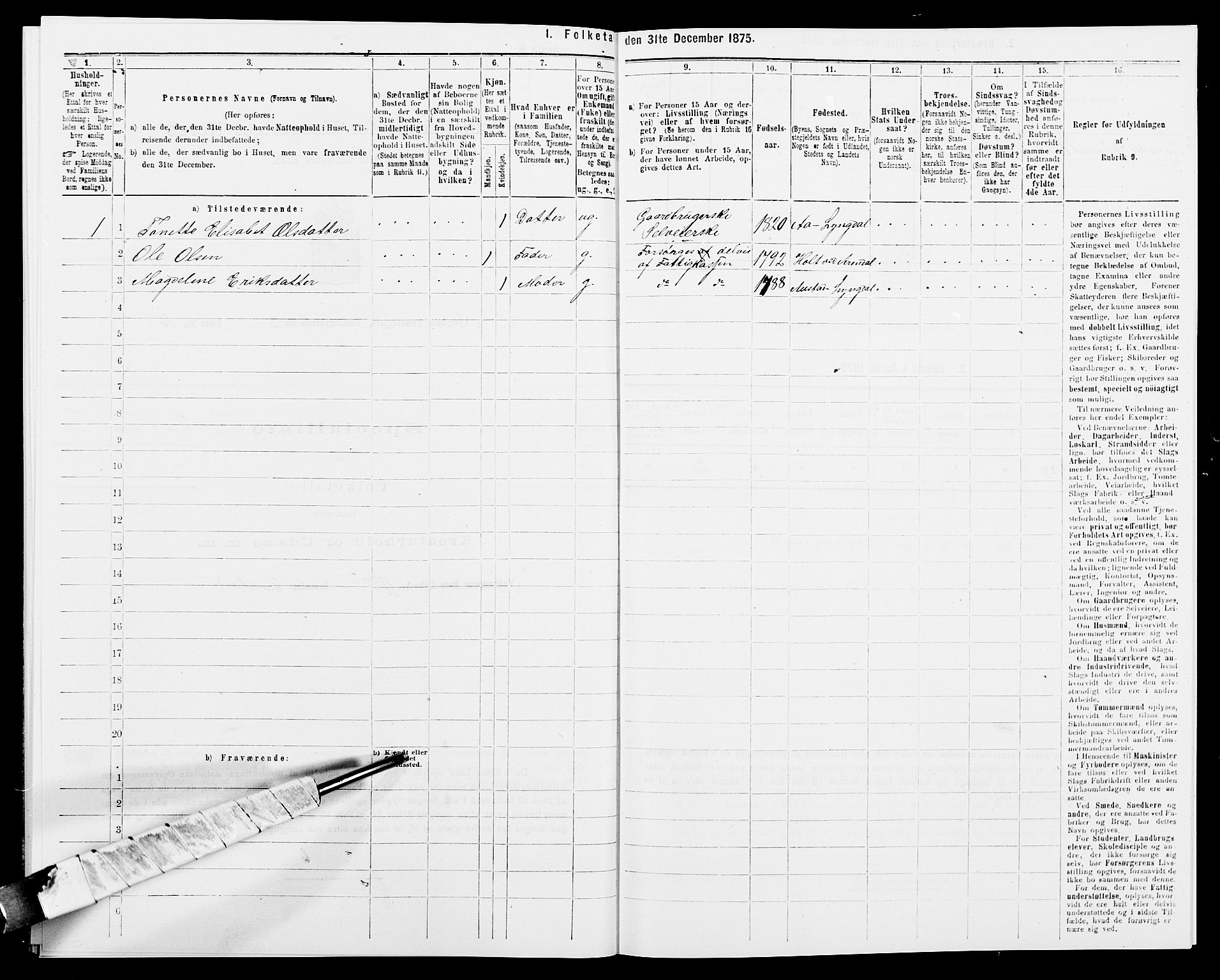 SAK, 1875 census for 1032P Lyngdal, 1875, p. 508