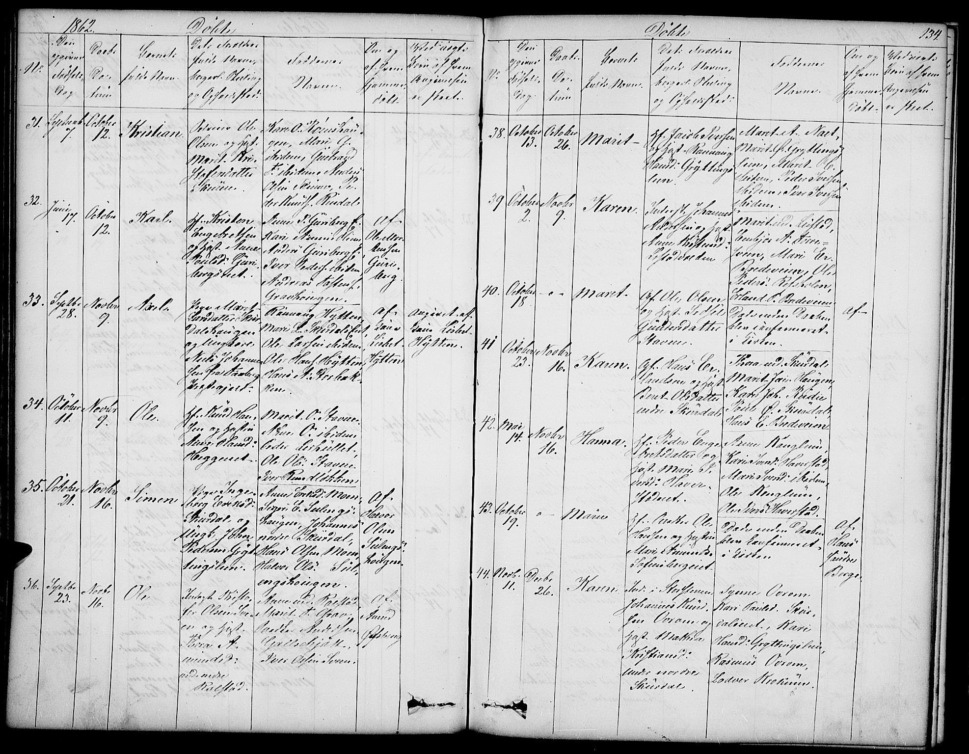 Sør-Fron prestekontor, SAH/PREST-010/H/Ha/Hab/L0001: Parish register (copy) no. 1, 1844-1863, p. 134