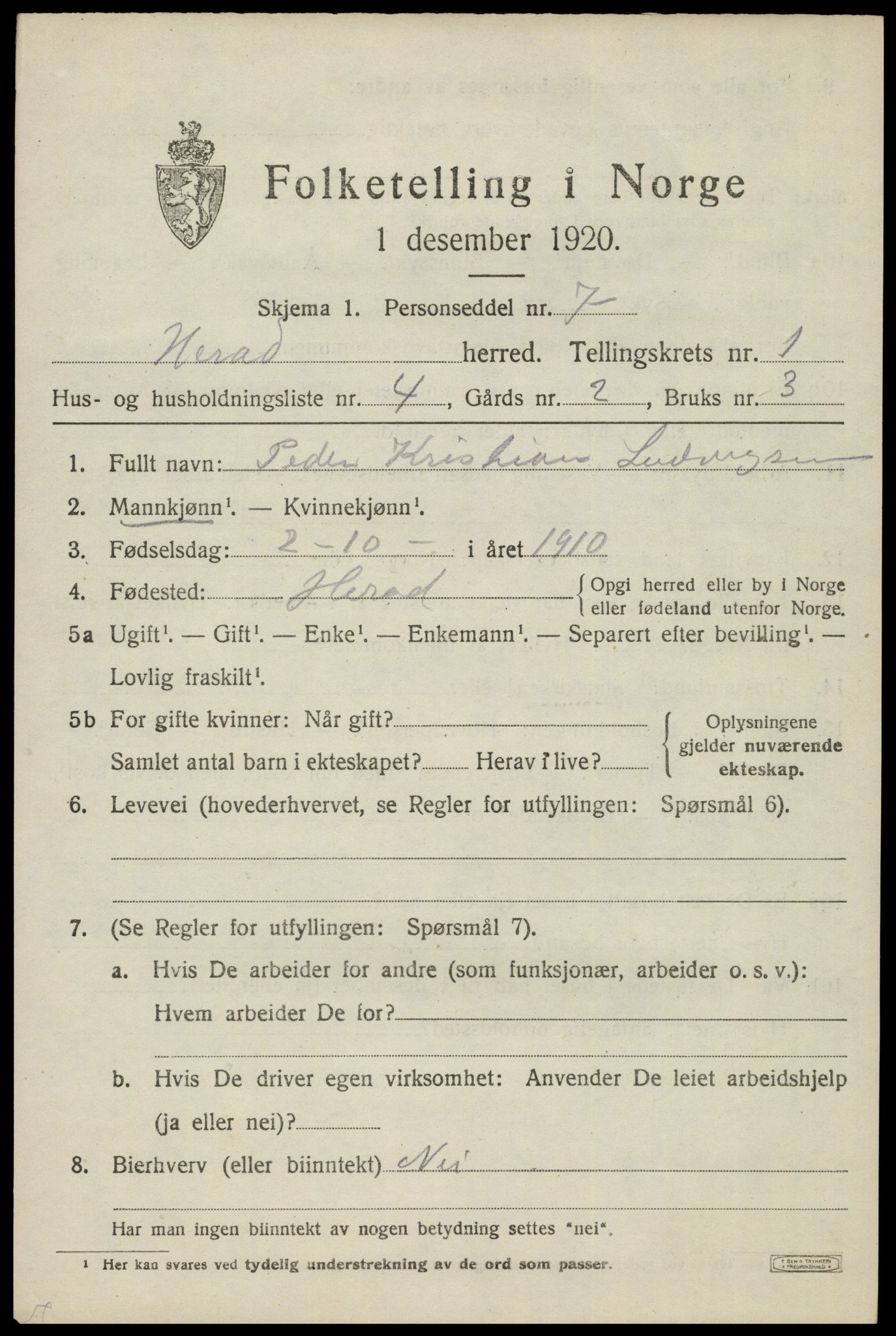 SAK, 1920 census for Herad, 1920, p. 474