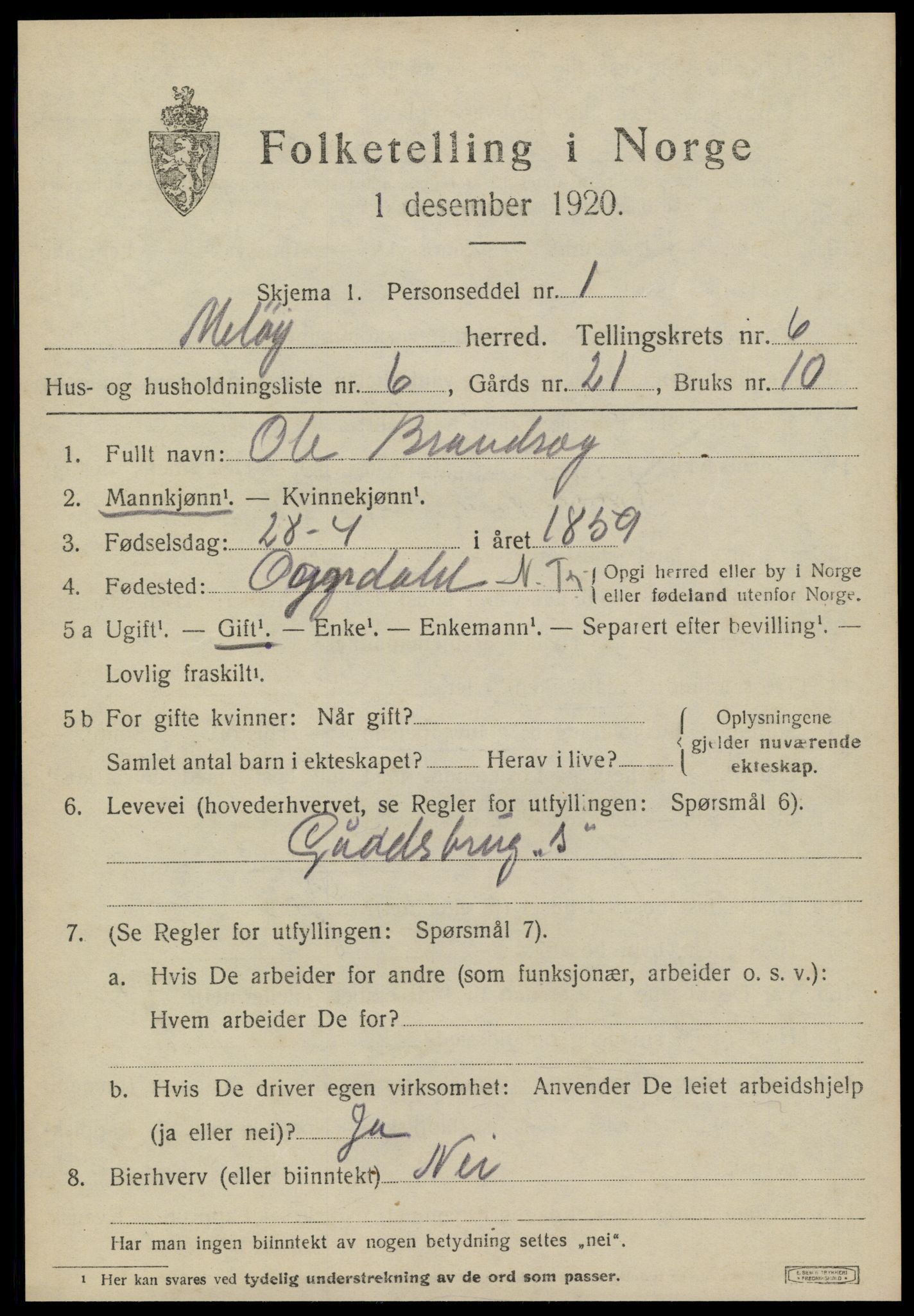 SAT, 1920 census for Meløy, 1920, p. 3463