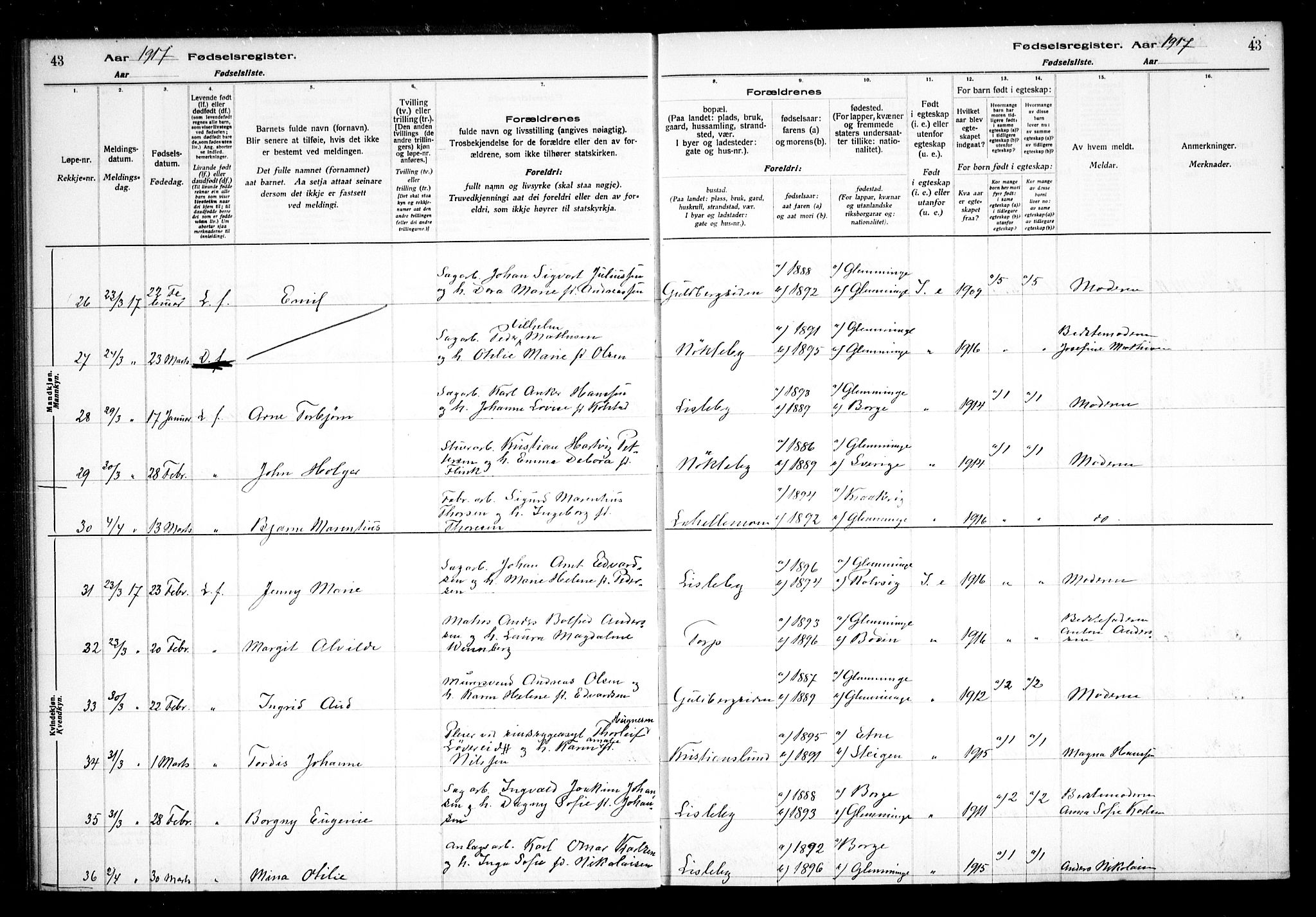 Glemmen prestekontor Kirkebøker, SAO/A-10908/J/Ja/L0001: Birth register no. I 1, 1916-1922, p. 43