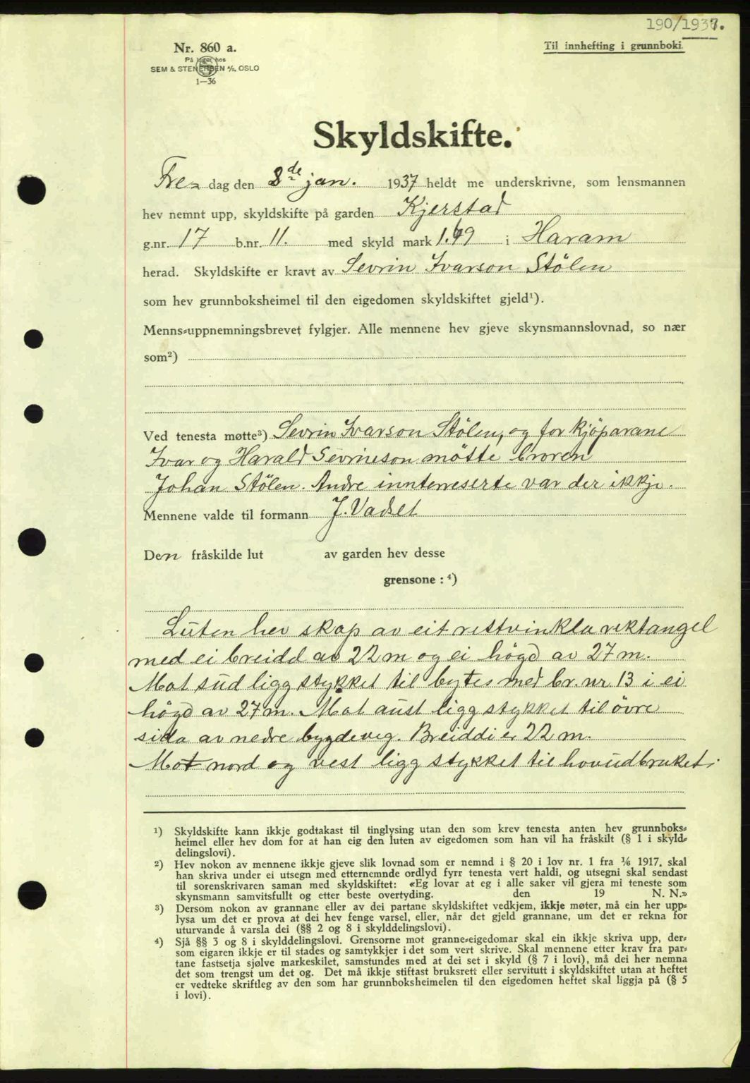 Nordre Sunnmøre sorenskriveri, AV/SAT-A-0006/1/2/2C/2Ca: Mortgage book no. A2, 1936-1937, Diary no: : 190/1937