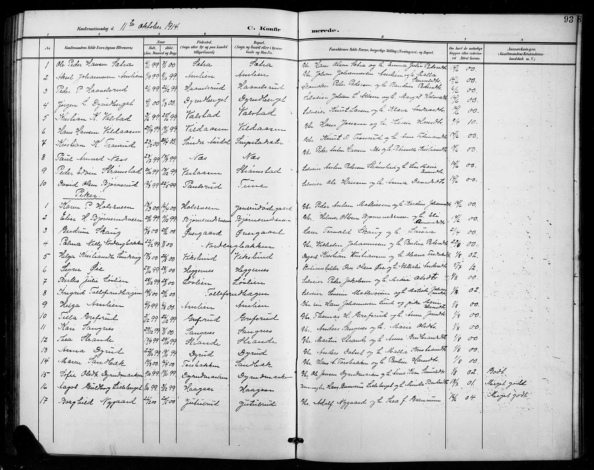 Vestre Toten prestekontor, SAH/PREST-108/H/Ha/Hab/L0016: Parish register (copy) no. 16, 1901-1915, p. 93