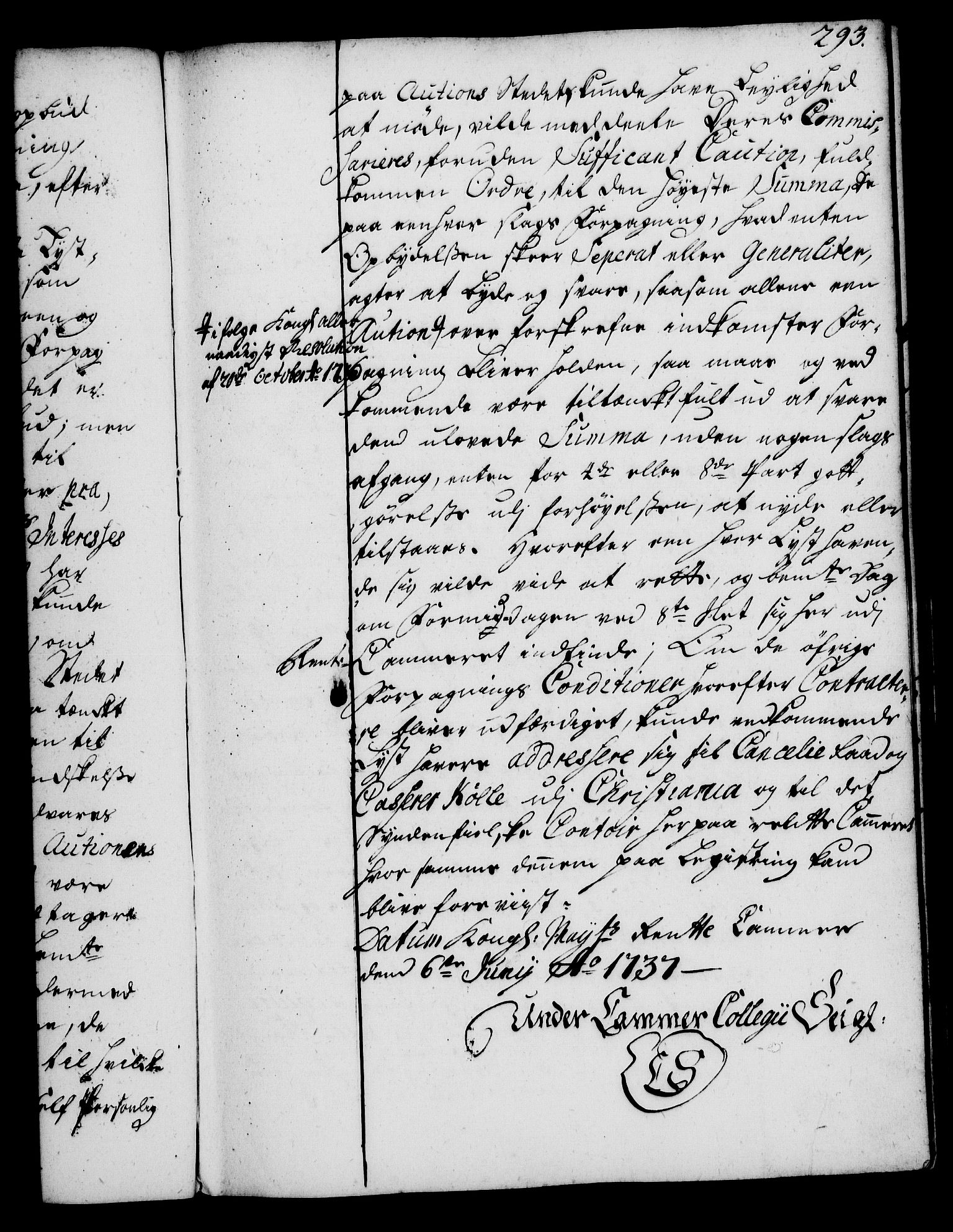 Rentekammeret, Kammerkanselliet, RA/EA-3111/G/Gg/Gga/L0004: Norsk ekspedisjonsprotokoll med register (merket RK 53.4), 1734-1741, p. 293