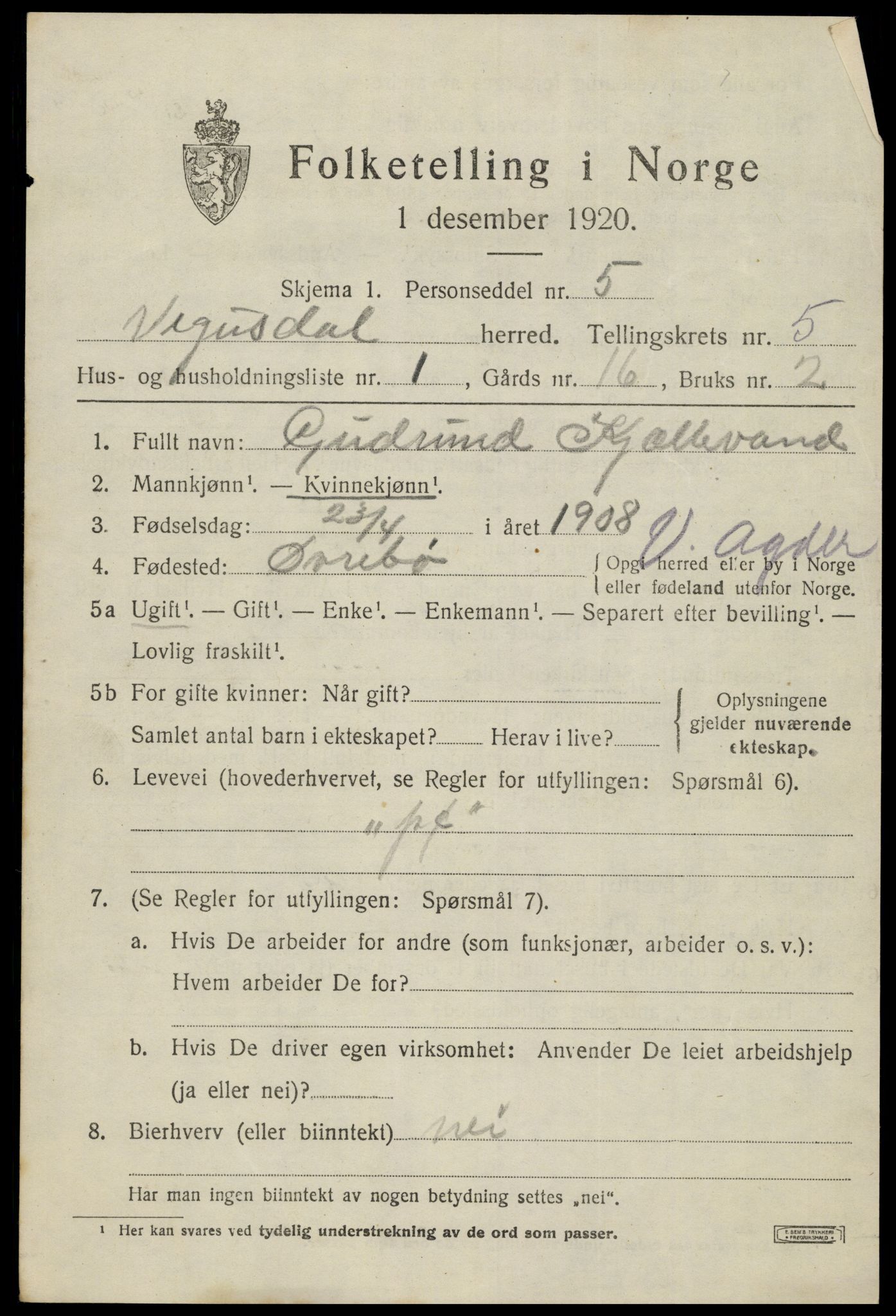 SAK, 1920 census for Vegusdal, 1920, p. 1281