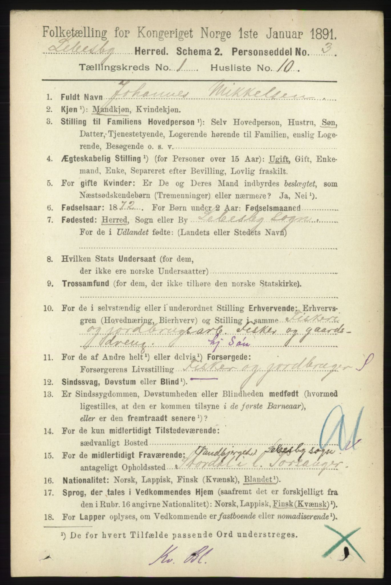 RA, 1891 census for 2022 Lebesby, 1891, p. 150