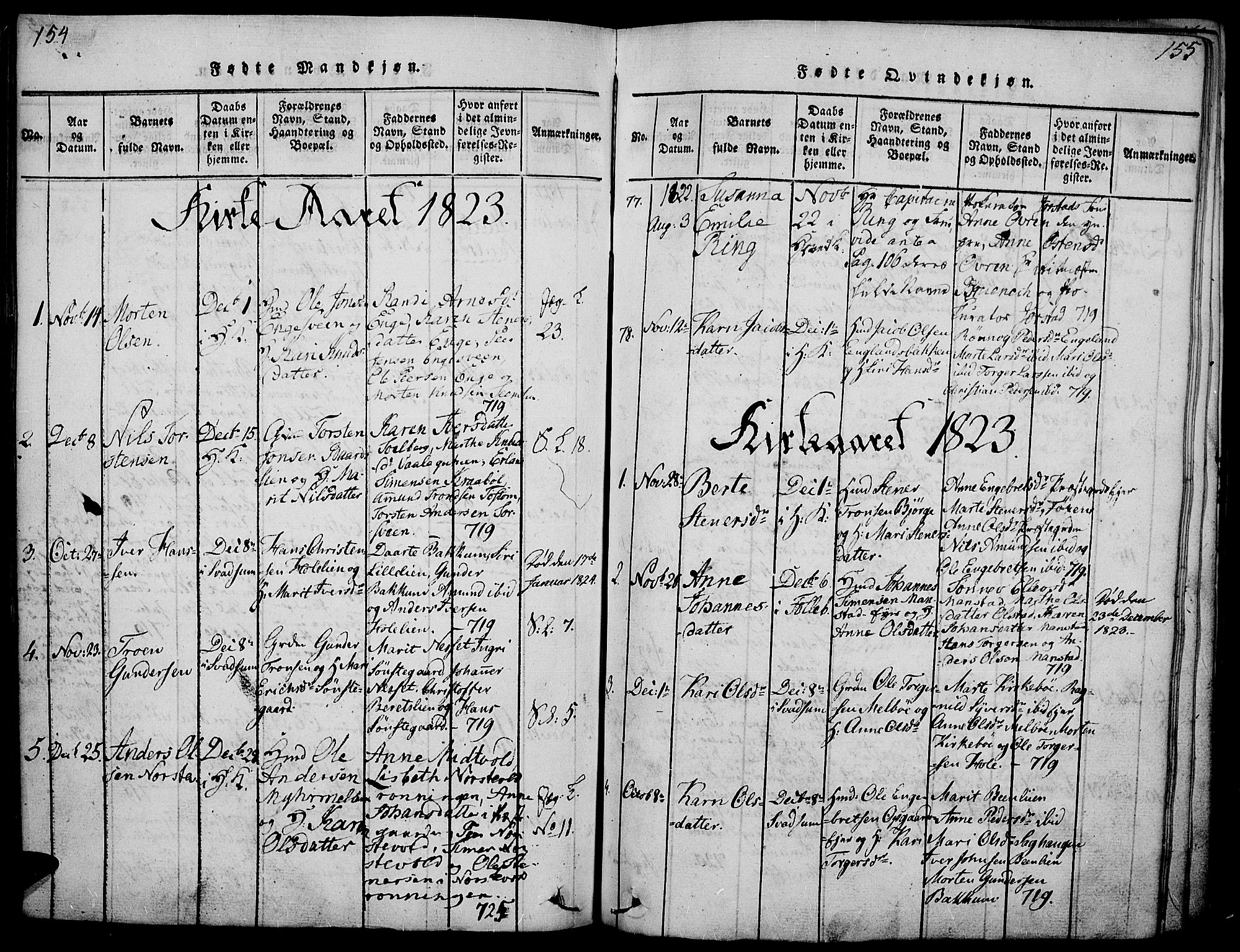 Gausdal prestekontor, SAH/PREST-090/H/Ha/Haa/L0005: Parish register (official) no. 5, 1817-1829, p. 154-155