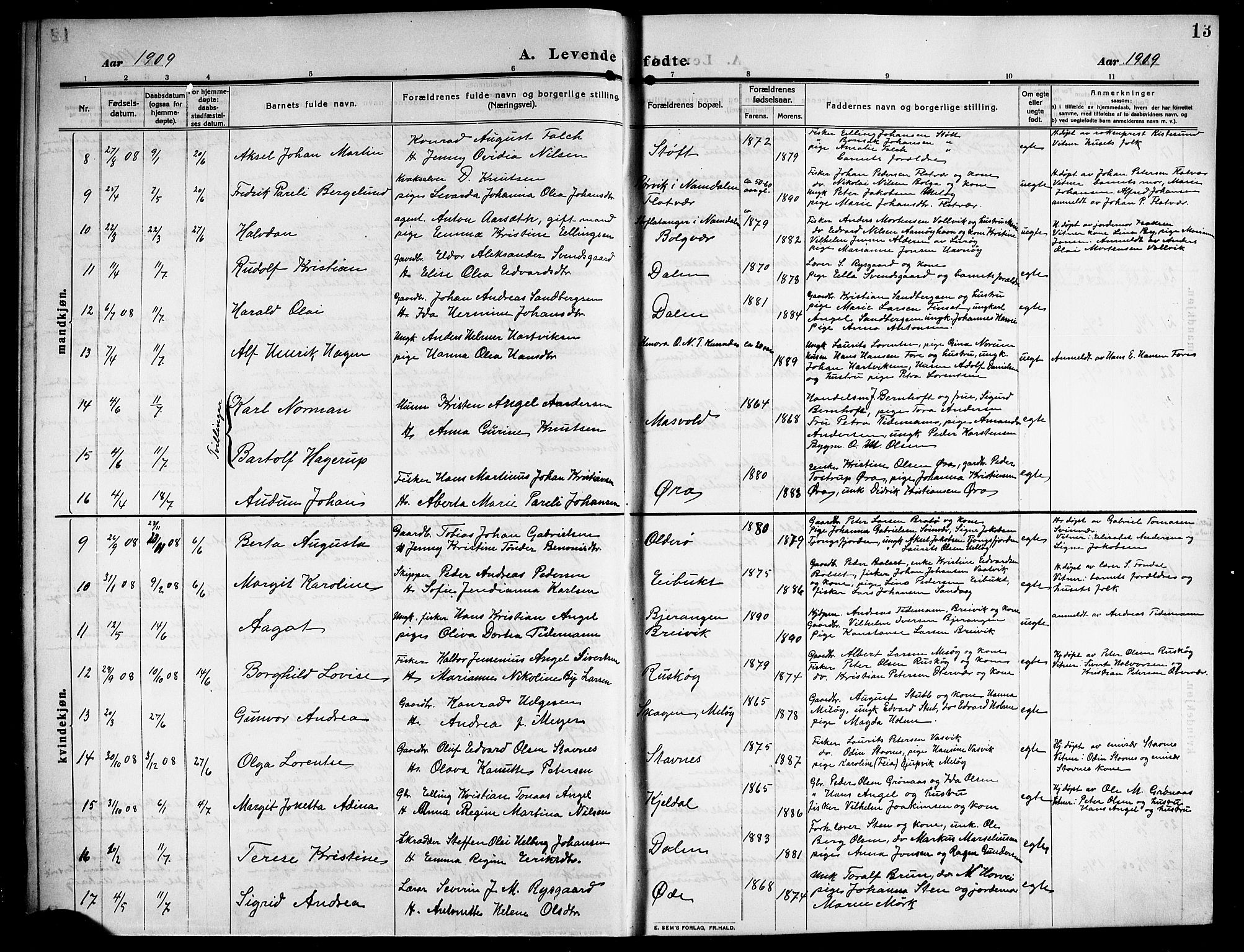 Ministerialprotokoller, klokkerbøker og fødselsregistre - Nordland, SAT/A-1459/843/L0639: Parish register (copy) no. 843C08, 1908-1924, p. 13