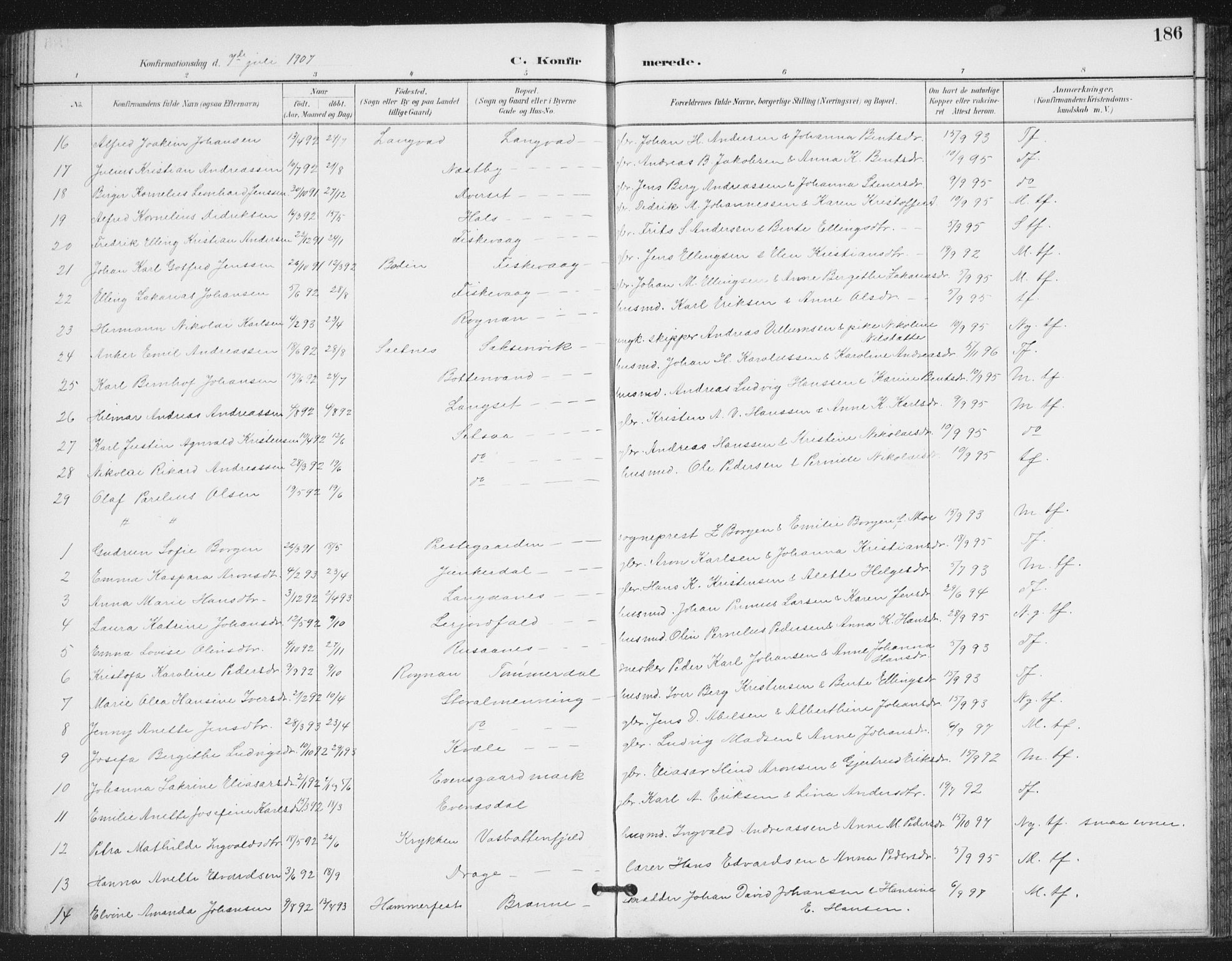 Ministerialprotokoller, klokkerbøker og fødselsregistre - Nordland, AV/SAT-A-1459/847/L0682: Parish register (copy) no. 847C10, 1889-1907, p. 186