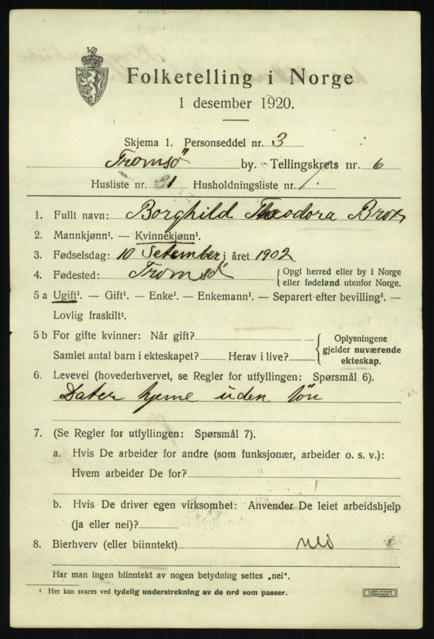 SATØ, 1920 census for Tromsø, 1920, p. 15078