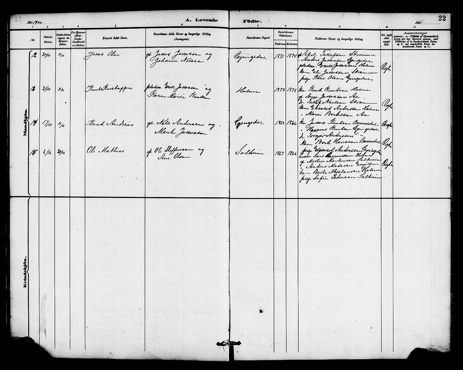 Gloppen sokneprestembete, SAB/A-80101/H/Hab/Habe/L0001: Parish register (copy) no. E 1, 1891-1917, p. 22