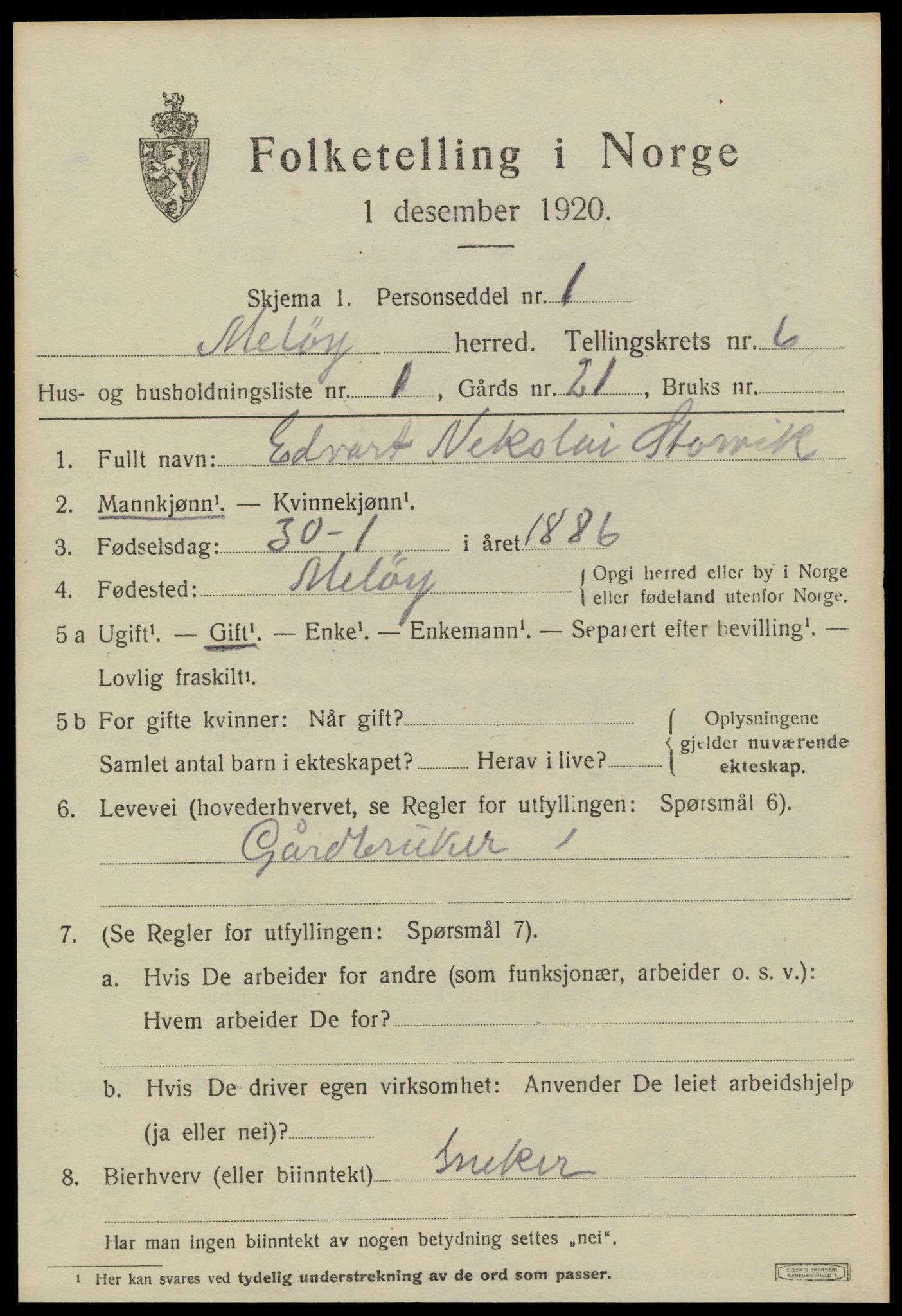 SAT, 1920 census for Meløy, 1920, p. 3389