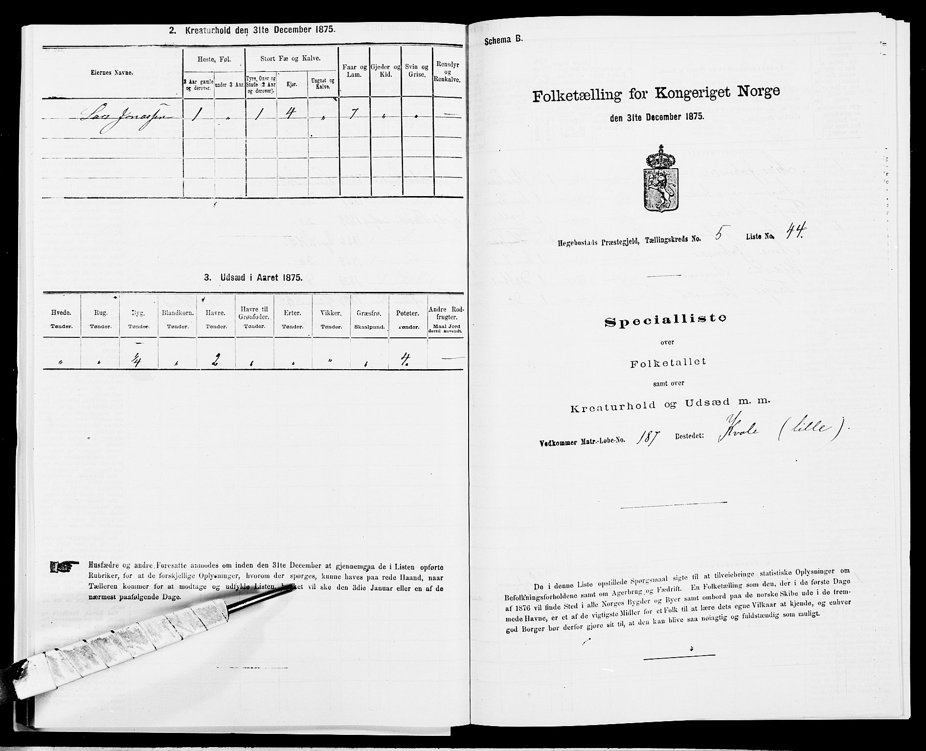SAK, 1875 census for 1034P Hægebostad, 1875, p. 557