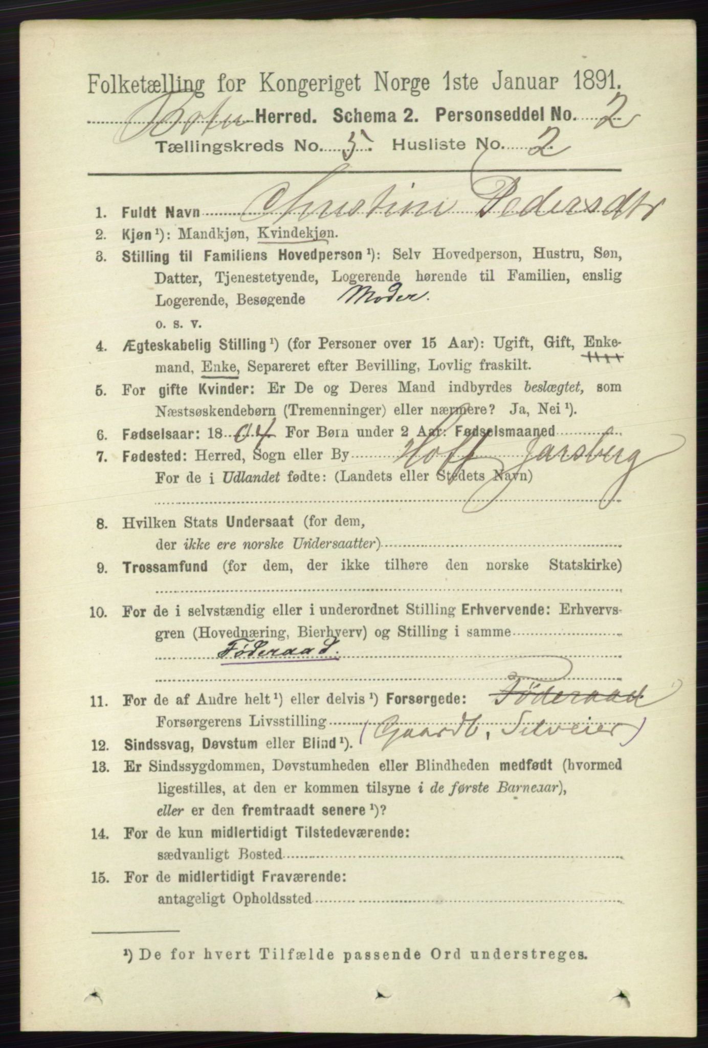 RA, 1891 census for 0715 Botne, 1891, p. 1958