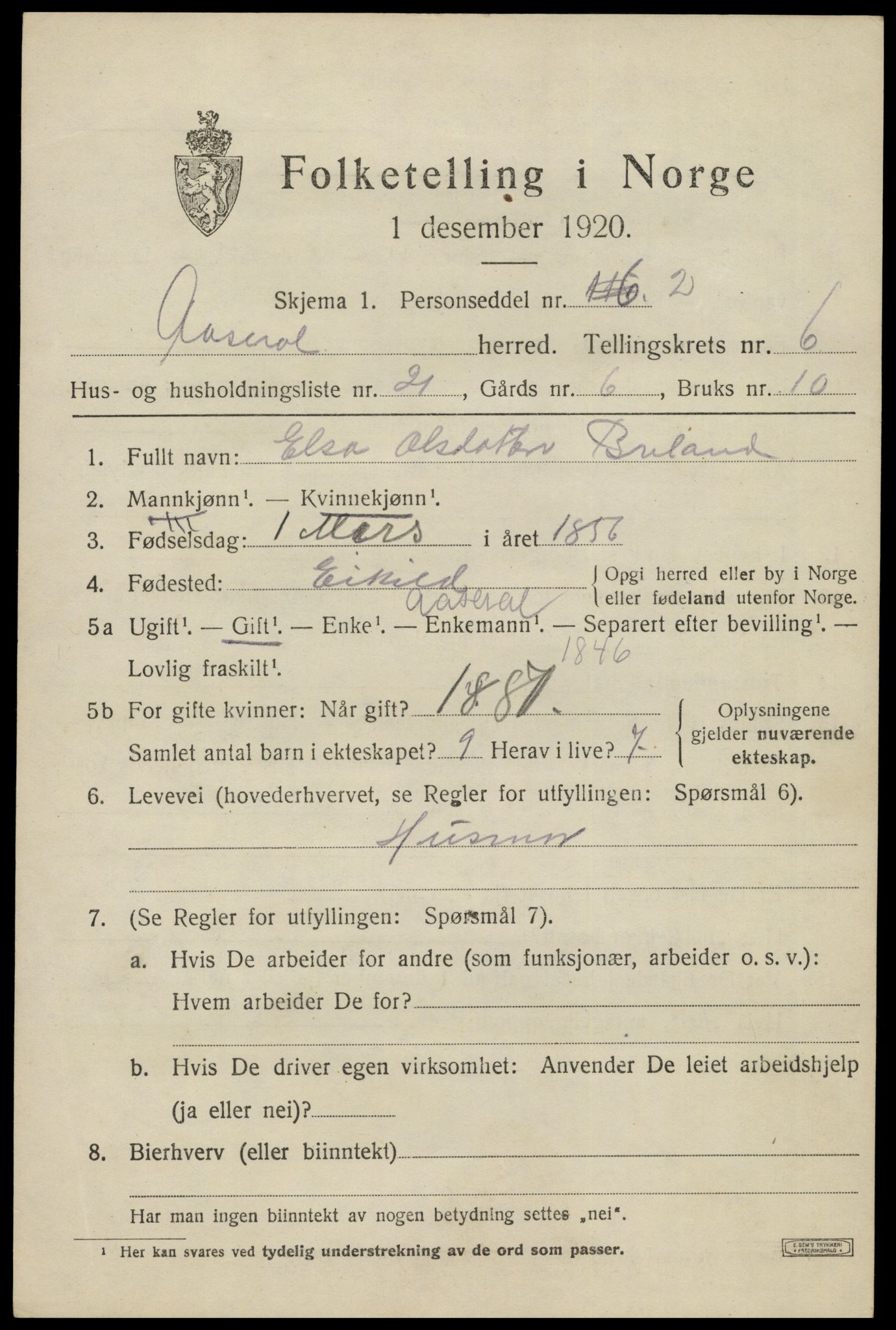 SAK, 1920 census for Åseral, 1920, p. 2028