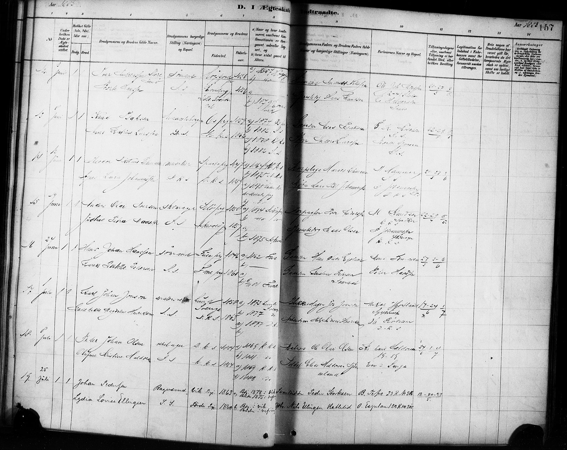 Sandviken Sokneprestembete, AV/SAB-A-77601/H/Ha/L0002: Parish register (official) no. A 2, 1878-1896, p. 157