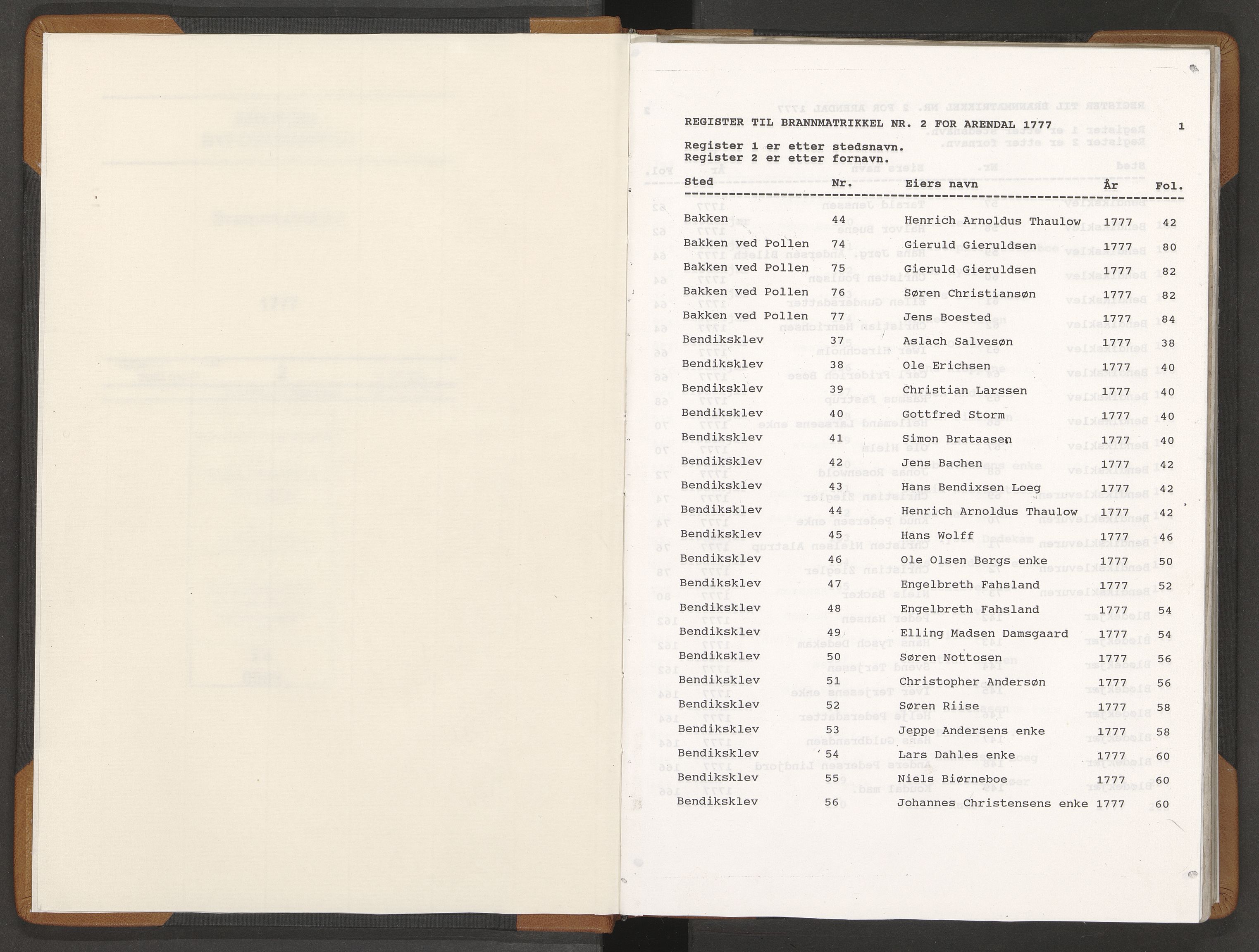 Norges Brannkasse Arendal, AV/SAK-2241-0002/F/Fa/L0005: Branntakstprotokoll nr. 2 med steds- og fornavnsregister, 1777