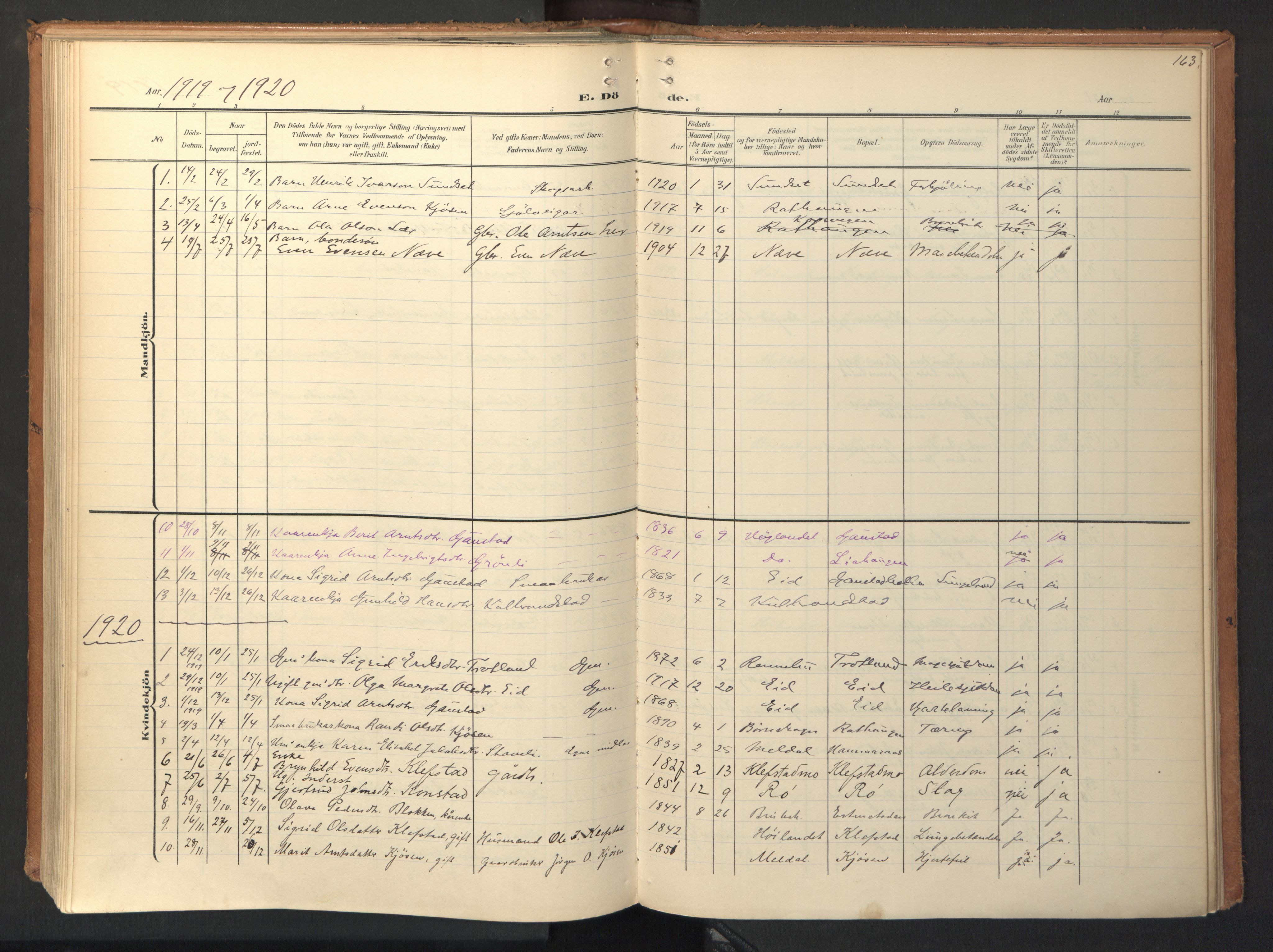 Ministerialprotokoller, klokkerbøker og fødselsregistre - Sør-Trøndelag, SAT/A-1456/694/L1128: Parish register (official) no. 694A02, 1906-1931, p. 163