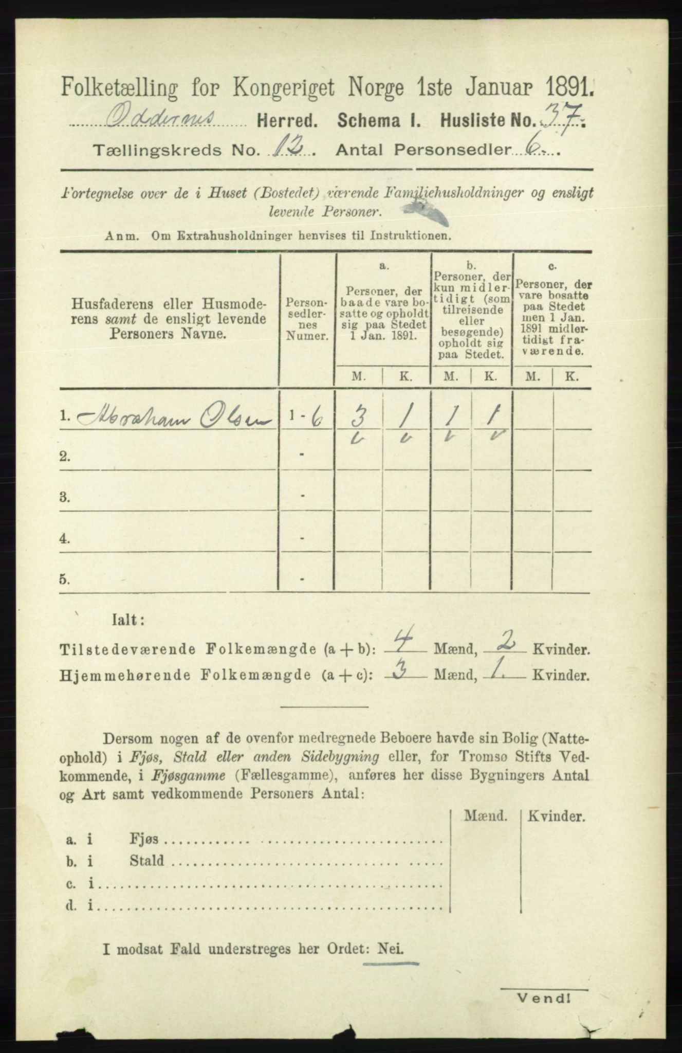 RA, 1891 census for 1012 Oddernes, 1891, p. 4347