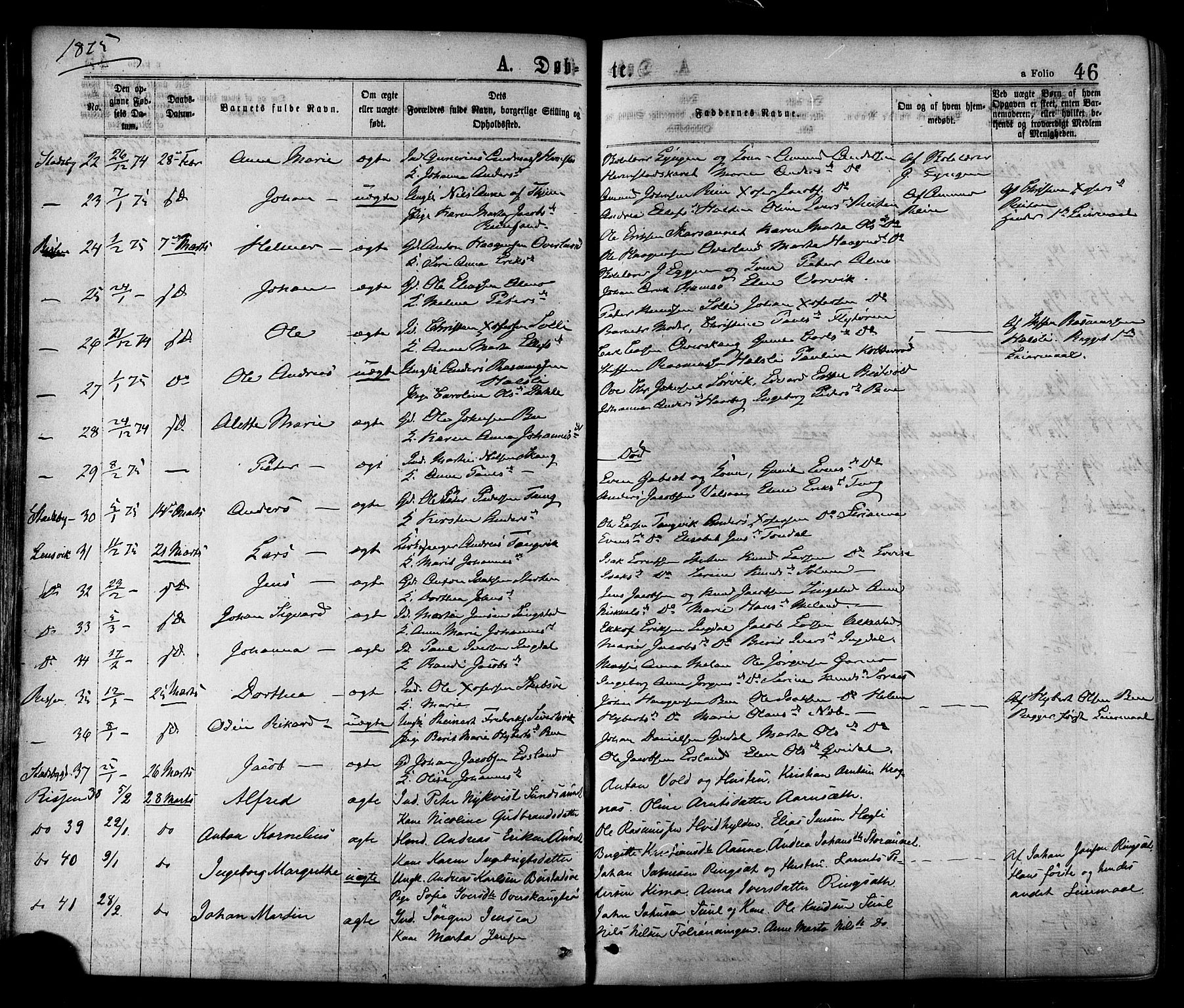 Ministerialprotokoller, klokkerbøker og fødselsregistre - Sør-Trøndelag, SAT/A-1456/646/L0613: Parish register (official) no. 646A11, 1870-1884, p. 46