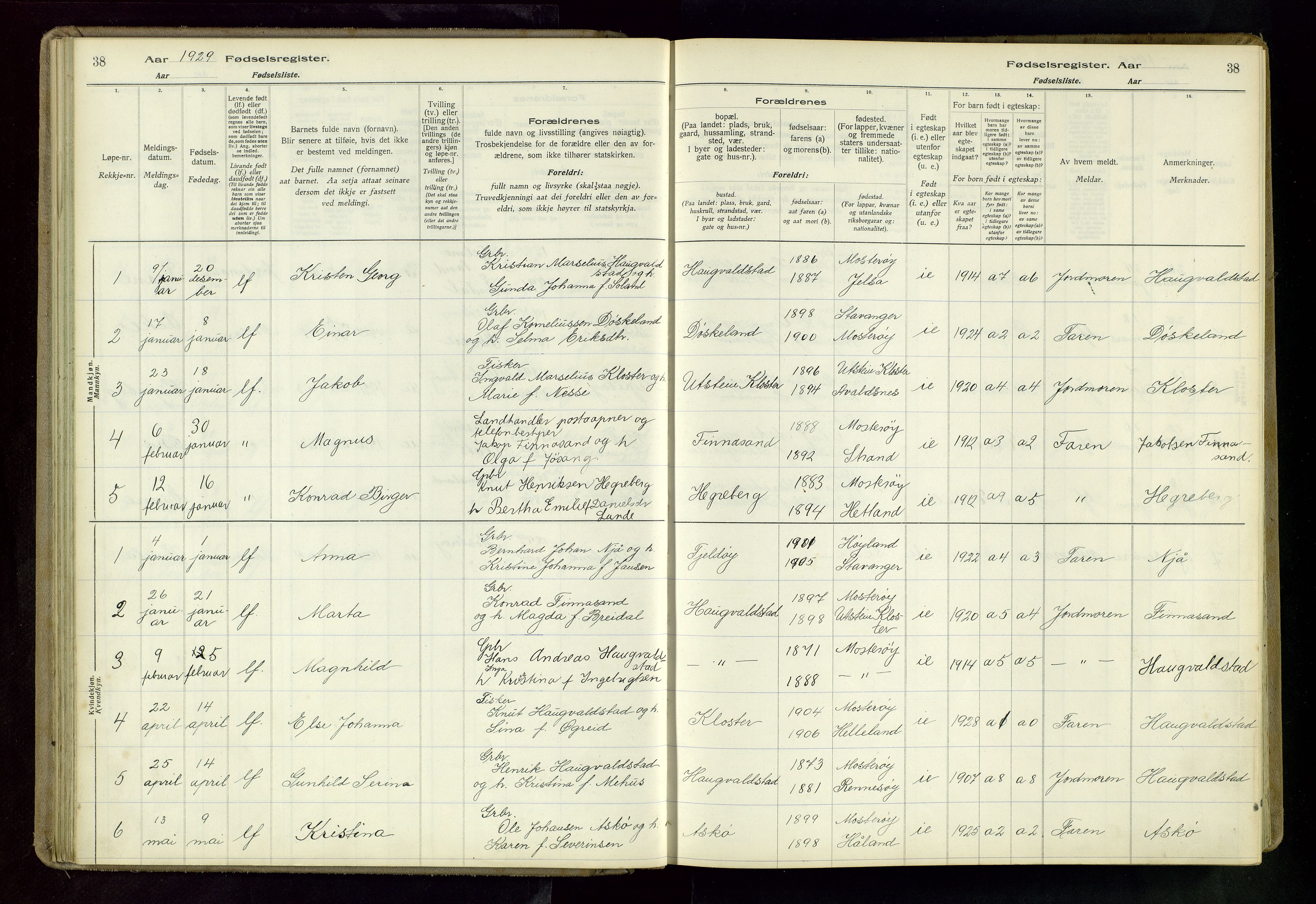 Rennesøy sokneprestkontor, AV/SAST-A -101827/I/Id/L0002: Birth register no. 2, 1916-1982, p. 38