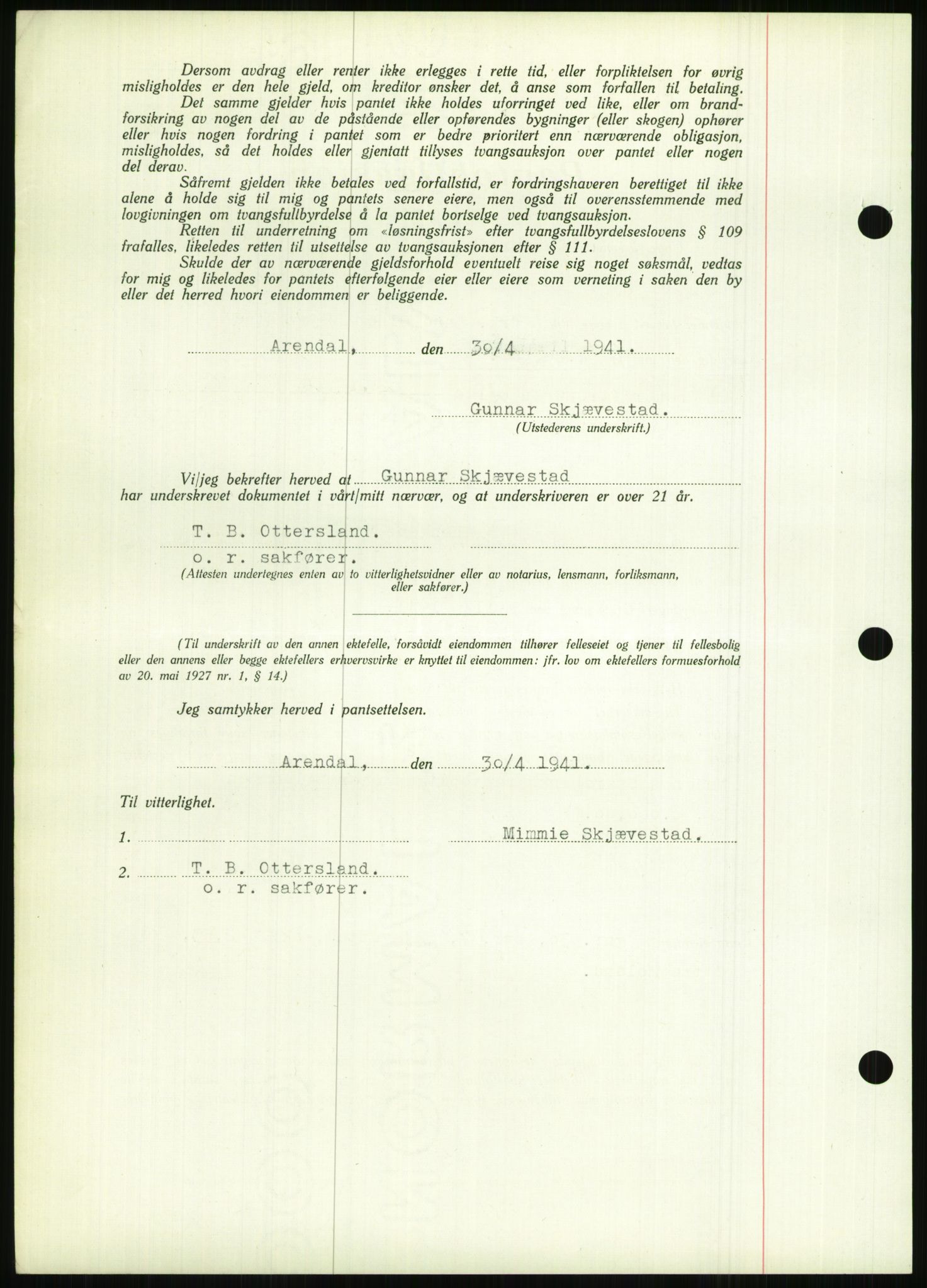 Nedenes sorenskriveri, AV/SAK-1221-0006/G/Gb/Gbb/L0001: Mortgage book no. I, 1939-1942, Diary no: : 275/1941