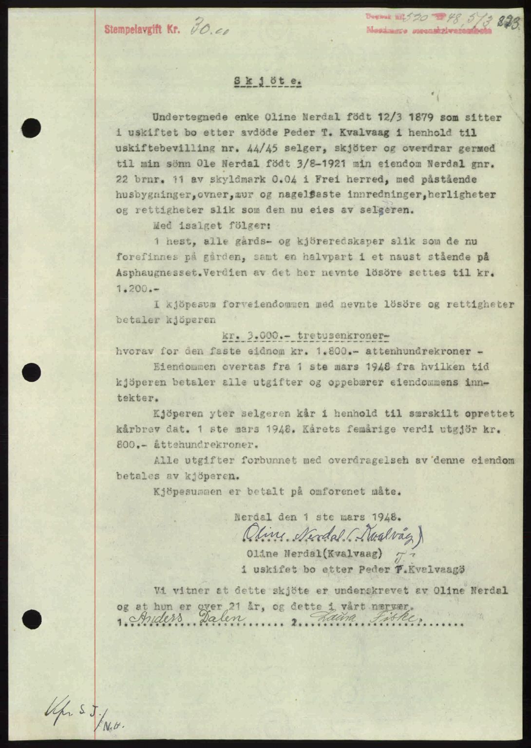 Nordmøre sorenskriveri, AV/SAT-A-4132/1/2/2Ca: Mortgage book no. A107, 1947-1948, Diary no: : 520/1948