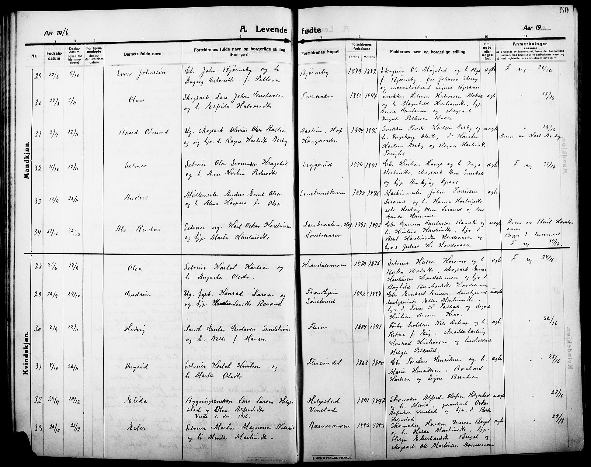 Åsnes prestekontor, AV/SAH-PREST-042/H/Ha/Hab/L0007: Parish register (copy) no. 7, 1909-1926, p. 50