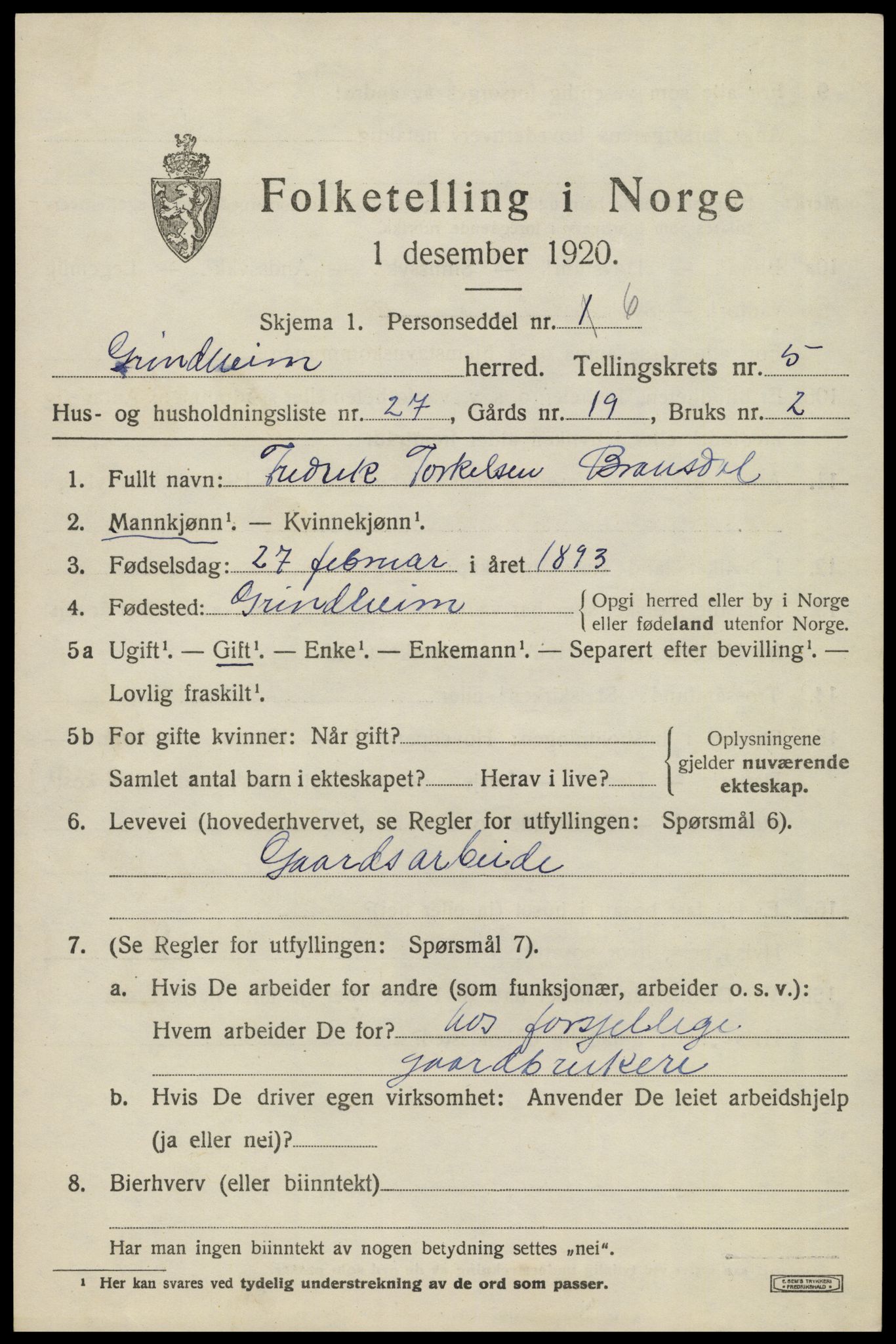 SAK, 1920 census for Grindheim, 1920, p. 1833