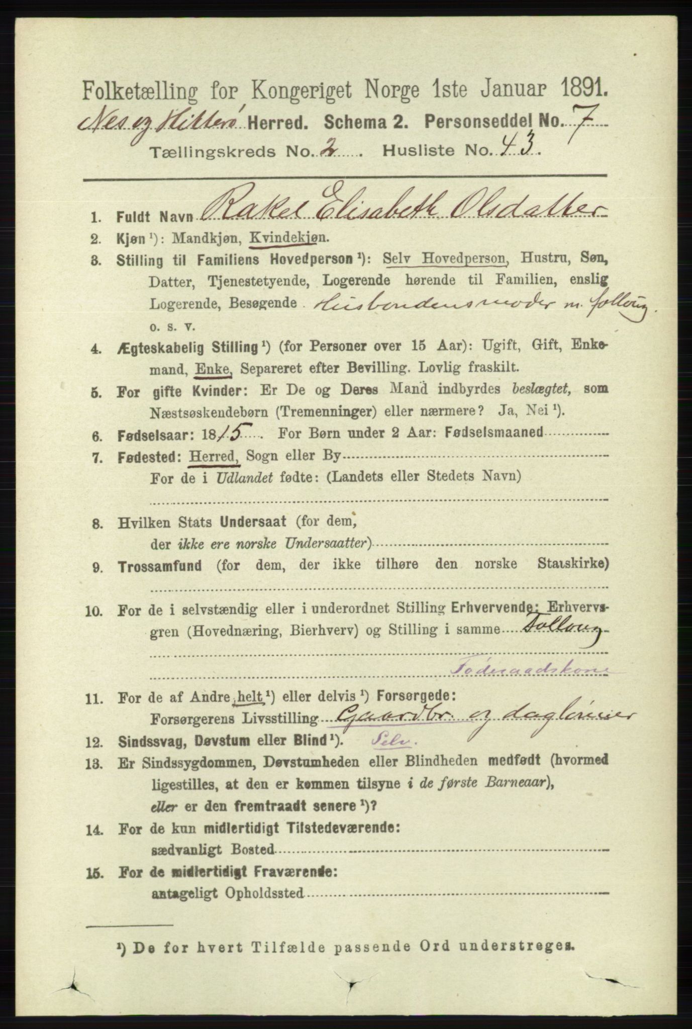 RA, 1891 census for 1043 Hidra og Nes, 1891, p. 756
