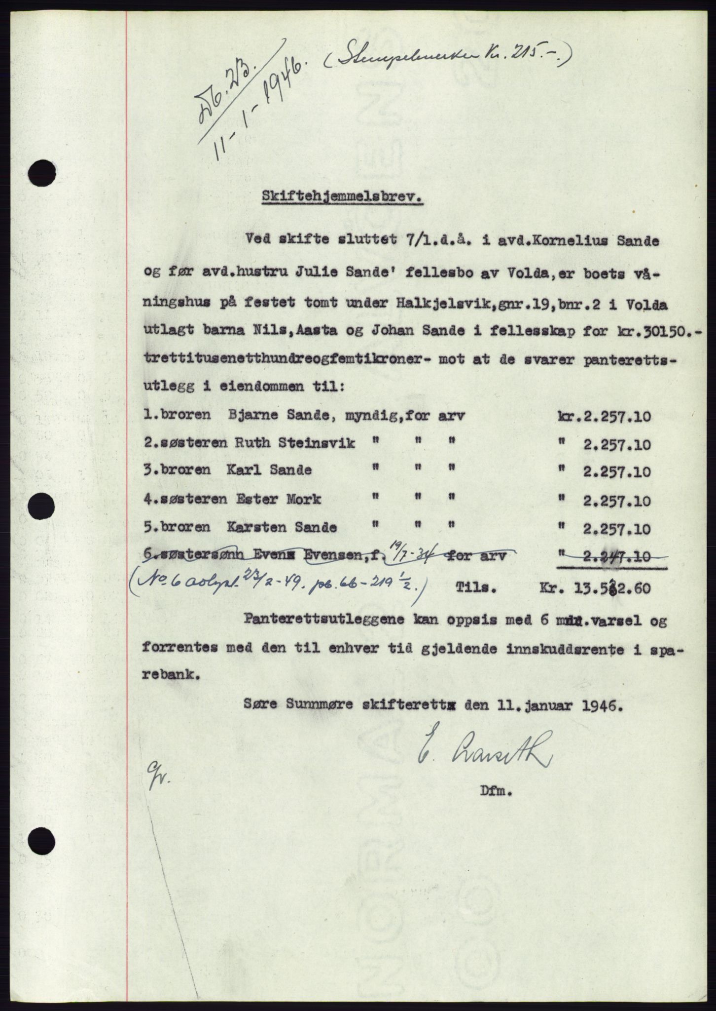 Søre Sunnmøre sorenskriveri, AV/SAT-A-4122/1/2/2C/L0077: Mortgage book no. 3A, 1945-1946, Diary no: : 23/1946