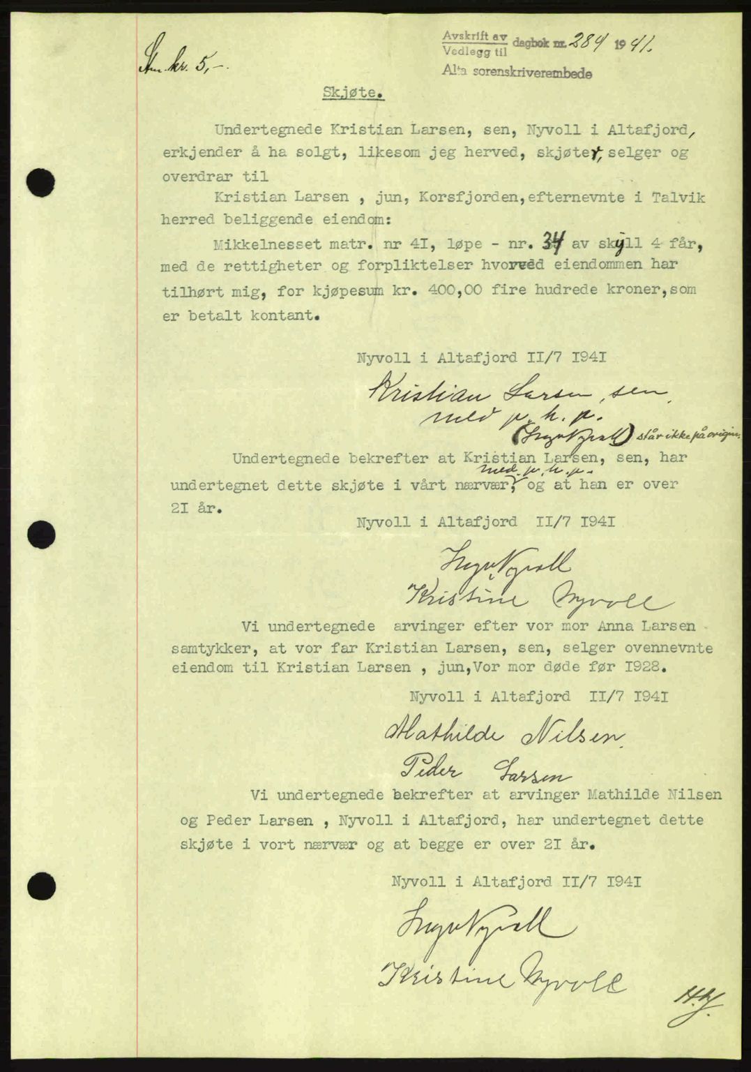 Alta fogderi/sorenskriveri, SATØ/SATØ-5/1/K/Kd/L0033pantebok: Mortgage book no. 33, 1940-1943, Diary no: : 284/1941