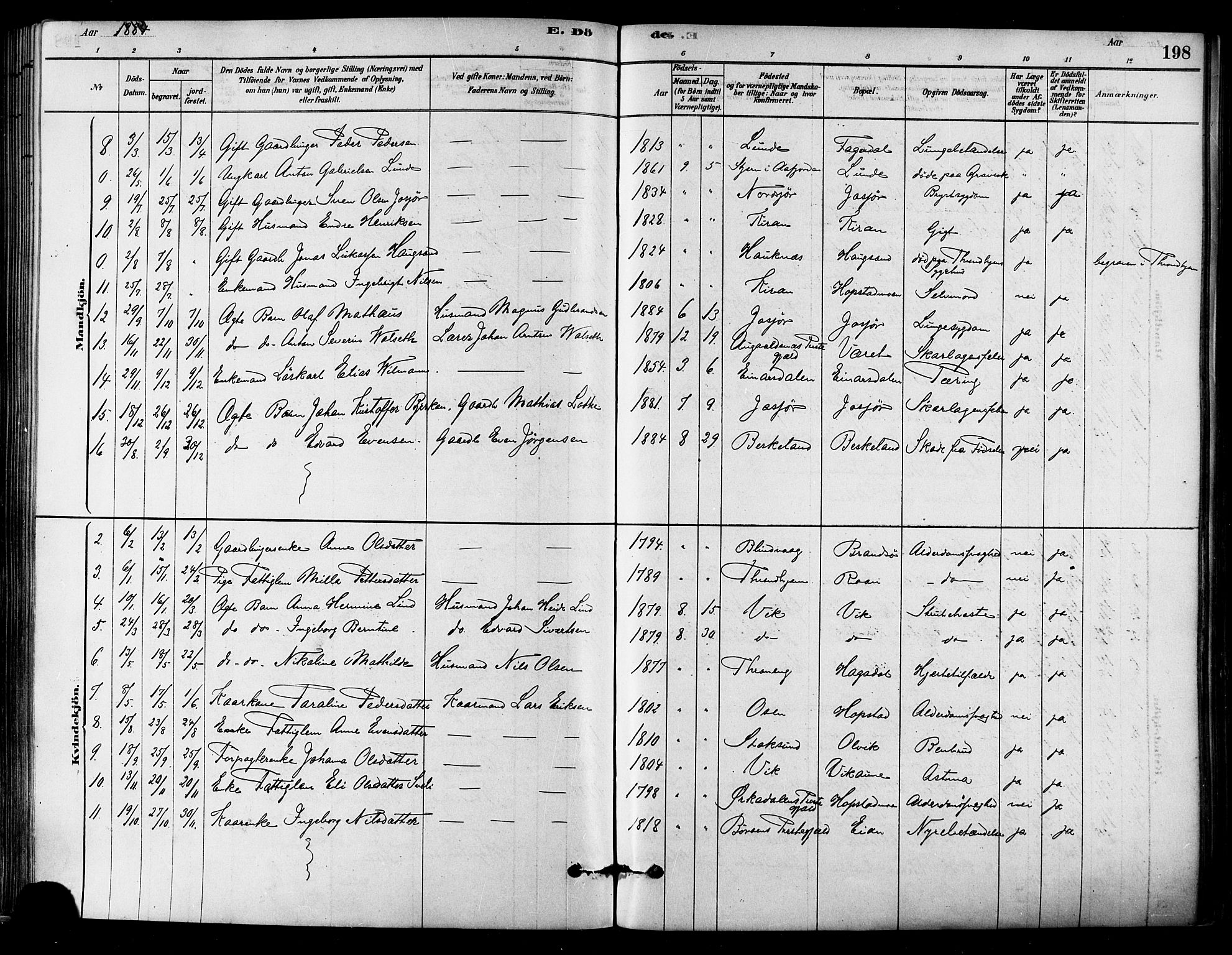 Ministerialprotokoller, klokkerbøker og fødselsregistre - Sør-Trøndelag, AV/SAT-A-1456/657/L0707: Parish register (official) no. 657A08, 1879-1893, p. 198