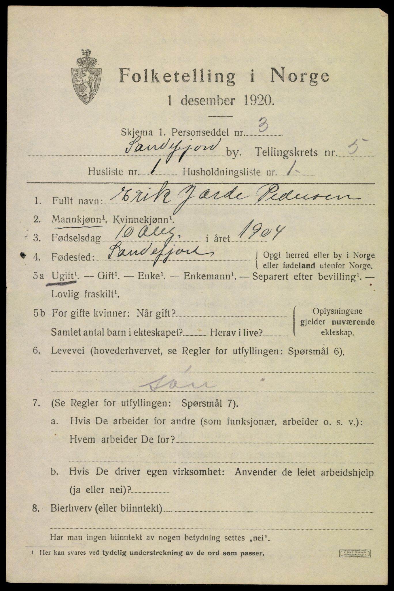 SAKO, 1920 census for Sandefjord, 1920, p. 8420